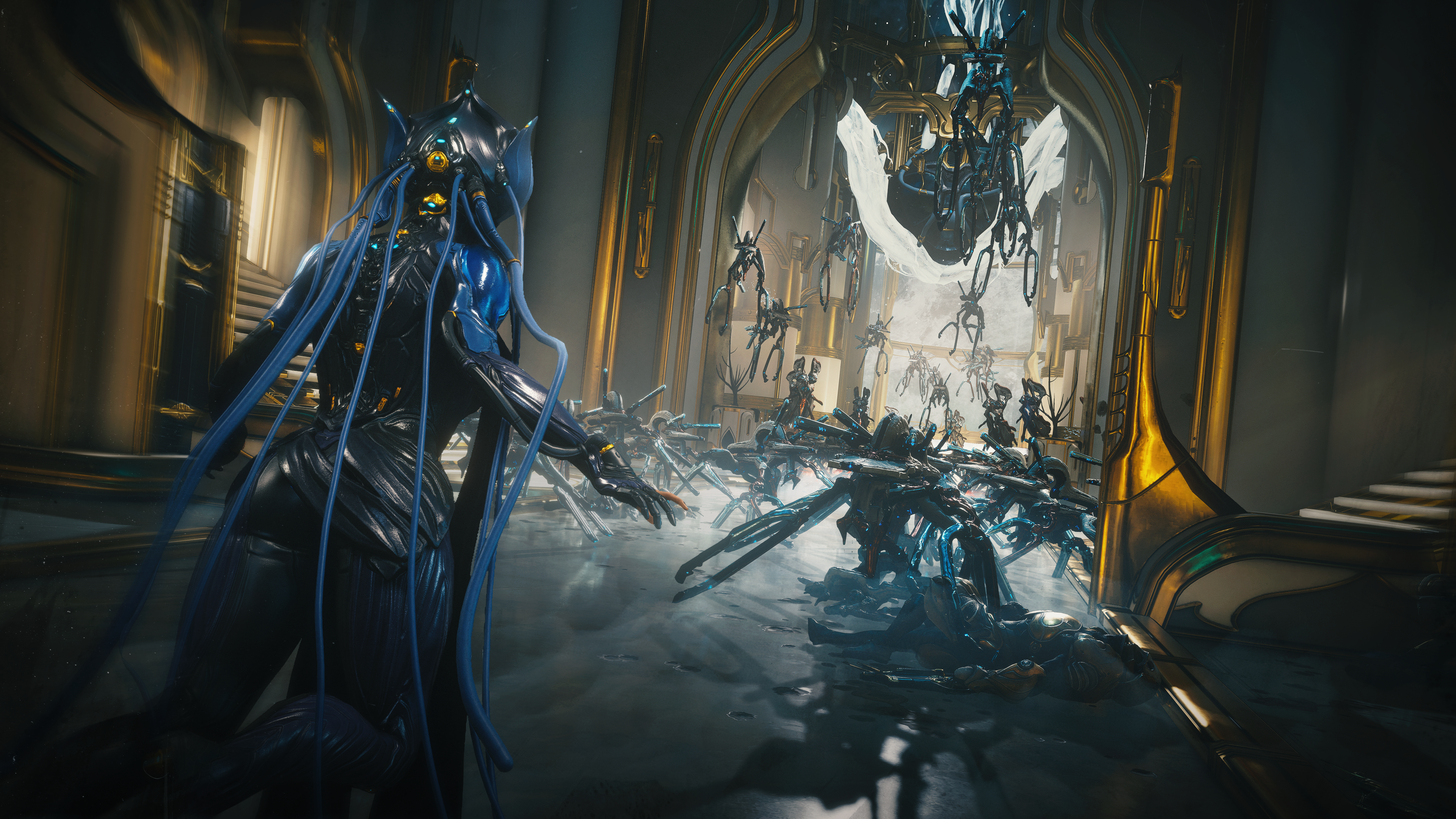 Screenshot of Warframe's Tau update showing the Lotus facing an army of Sentients.
