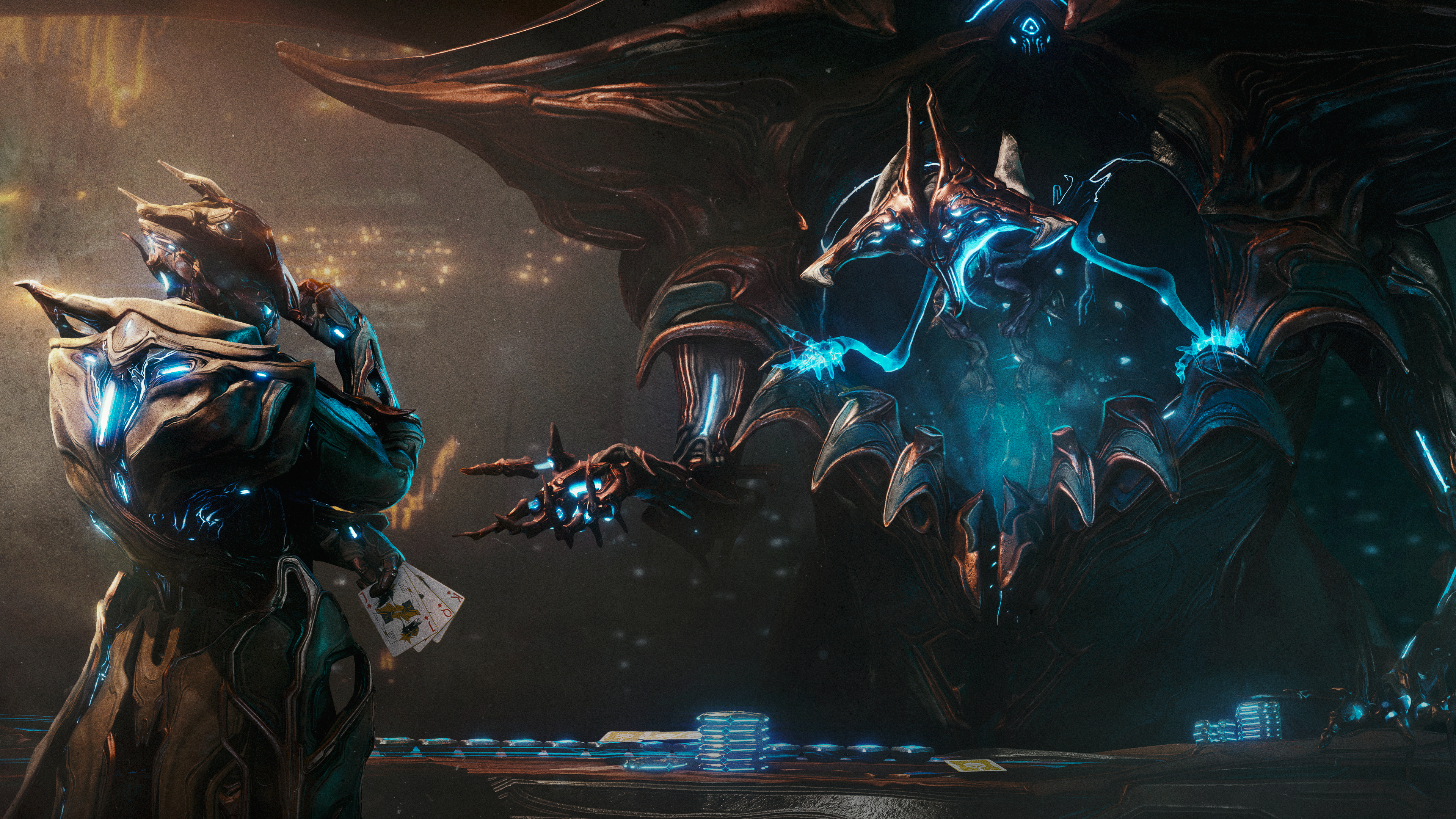 Screenshot of Warframe's Tau update showing Brysko playing cards against Hunra.