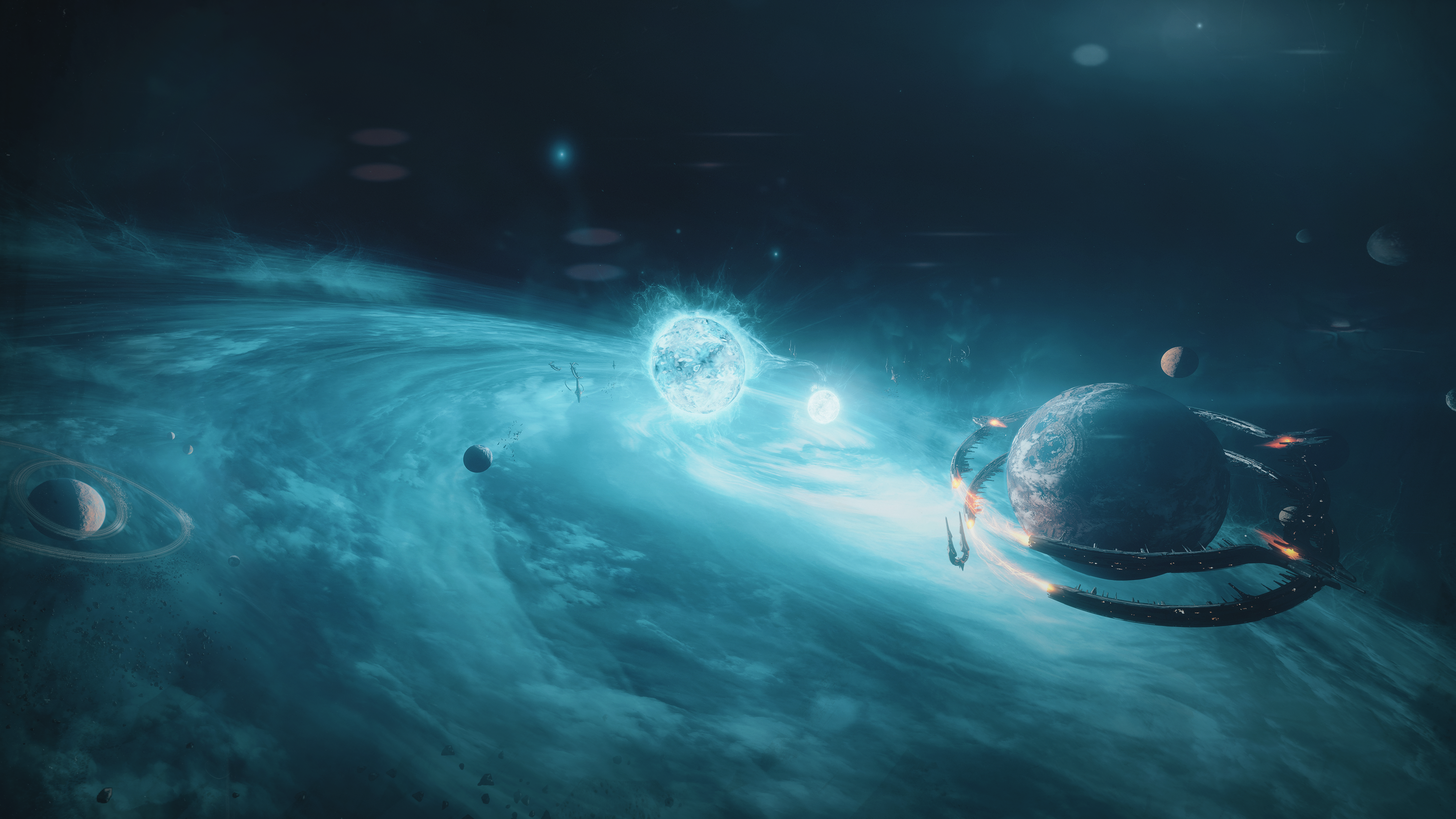 Screenshot of Warframe's Tau update showing Tau's binary star system and surrounding planets.