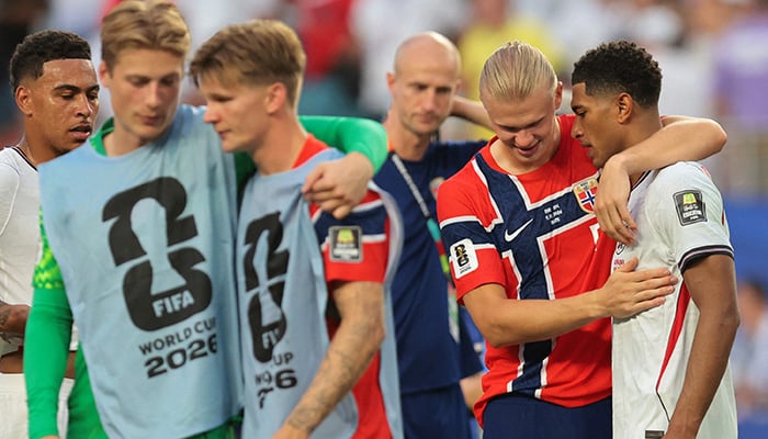Norway's Erling Haaland embraces England's Jude Bellingham after the World Cup quarter-final at Miami Stadium in Miami Gardens, Florida on July 11, 2026 as England advance to the semi-finals. - Reuters