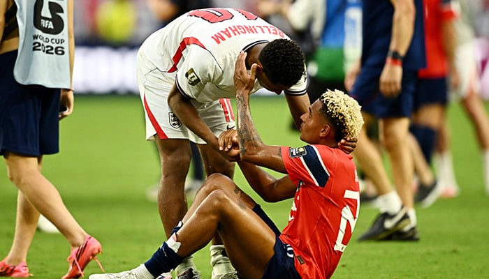 England's Jude Bellingham consoles Norway's Antonio Nusa after England's World Cup quarter-final victory at Miami Stadium in Miami Gardens, Florida on July 11, 2026, which secured a place in the semi-finals. - Reuters