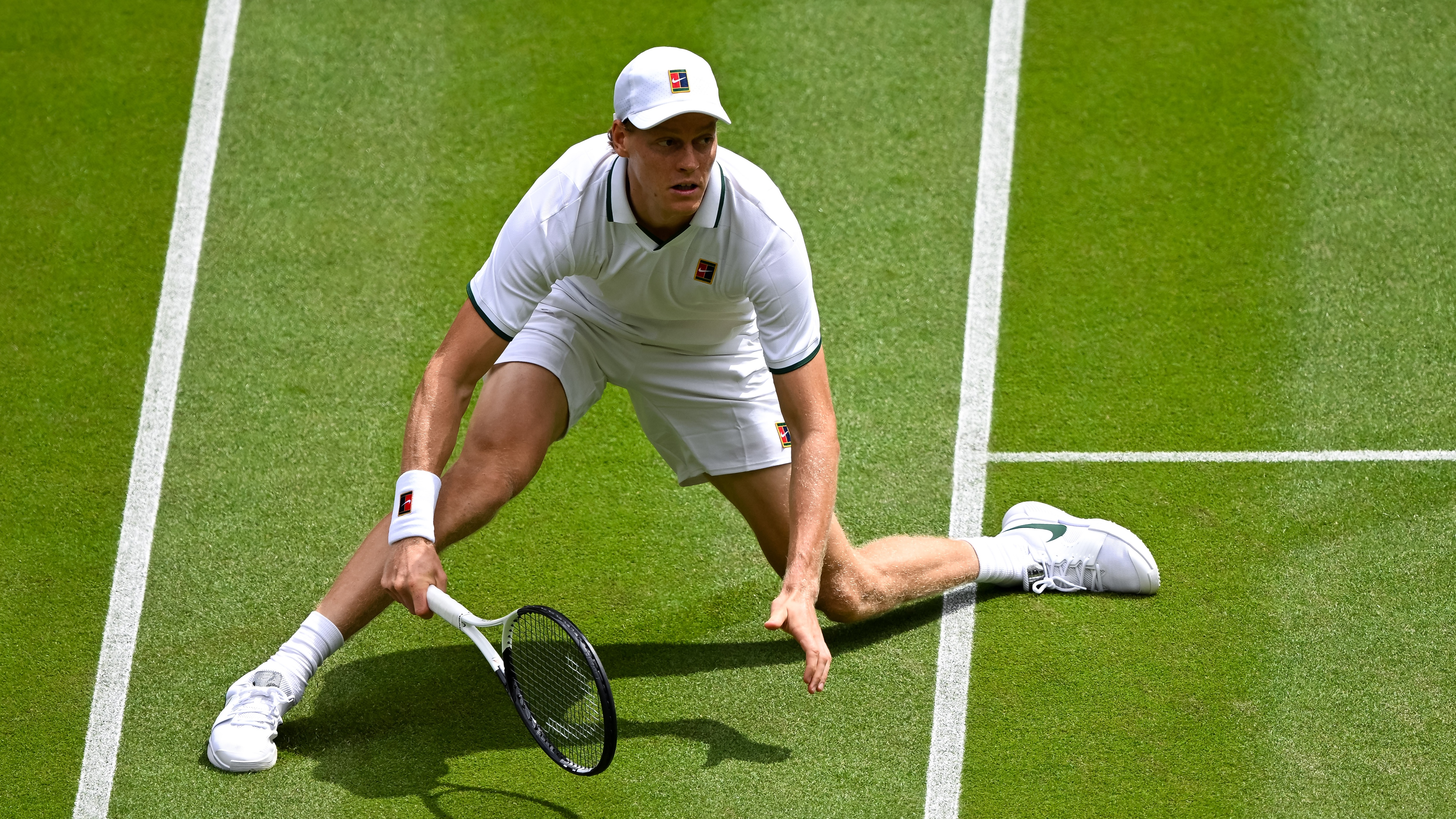 Jannik Sinner of Italy in action against Nuno Borges of Portugal during the Gentlemen's Singles second round match on day three of the 2026 Wimbledon Championships