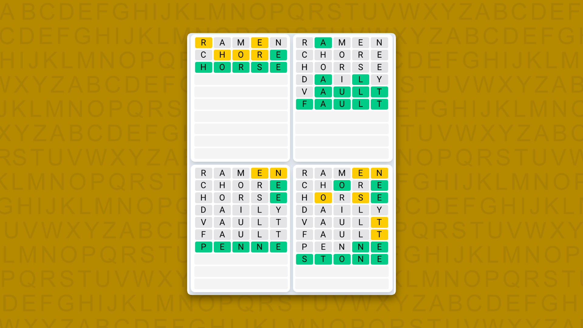 Quordle Daily Sequence answers for game 1631 on a yellow background