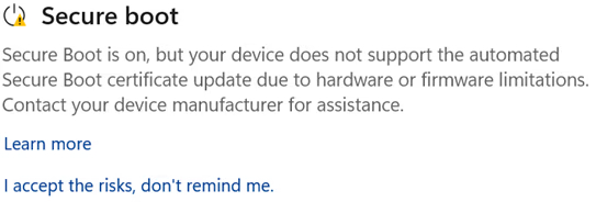 The Windows Secure Boot section of the Device Security dashboard showing that Secure Boot is not supported by the latest Secure Boot certificate.