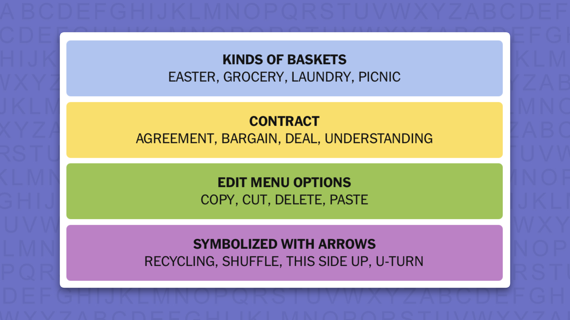 NYT Connections answers for game 1129 on a purple background