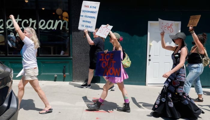 People take part in a protest following a shooting involving US Immigration and Customs Enforcement (Ice) in Biddeford, Maine, U.S. July 13, 2026. — Reuters