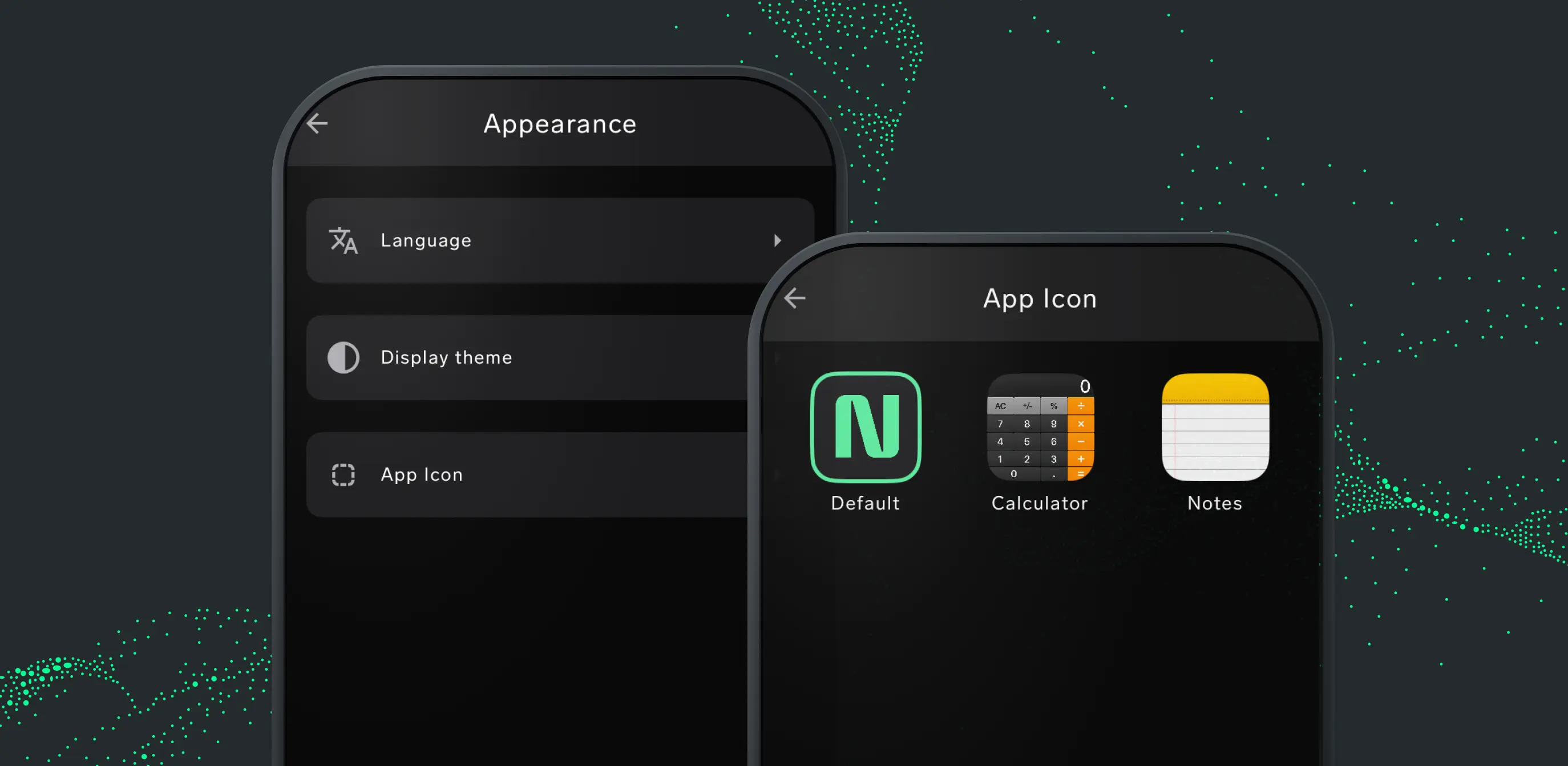 A composite image of the NymVPN app icon skin menu
