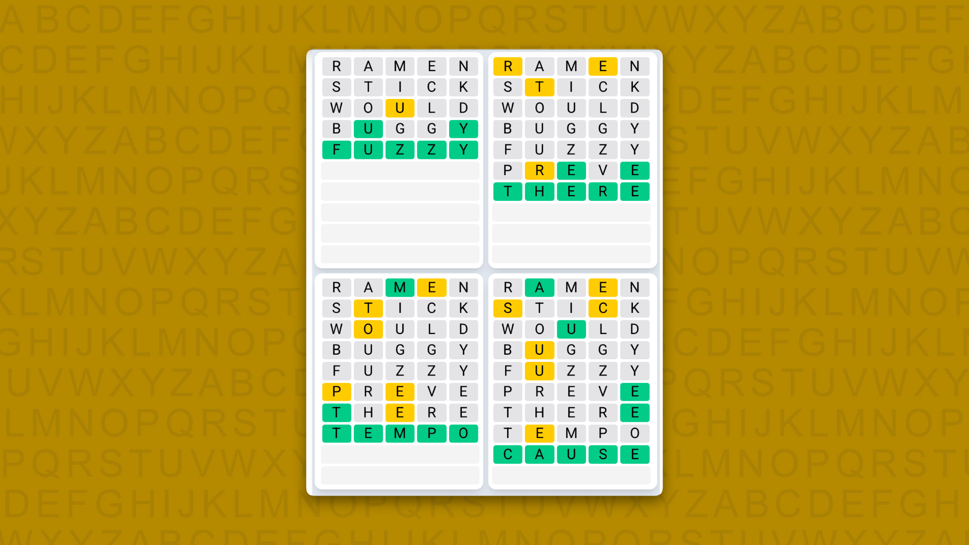 Quordle Daily Sequence answers for game 1633 on a yellow background