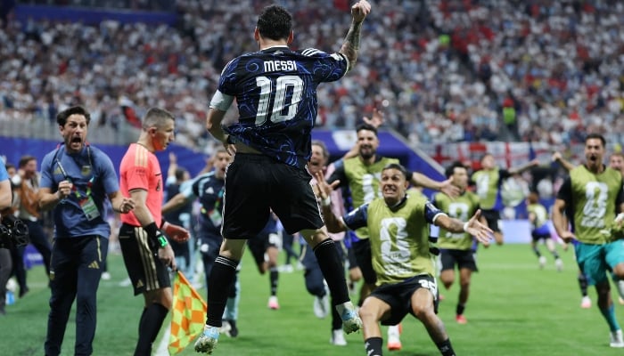 Argentina's forward #10 Lionel Messi celebrates after winning the 2026 World Cup soccer tournament semi-final match between England and Argentina at the Atlanta Stadium in Atlanta on July 15, 2026. — AFP