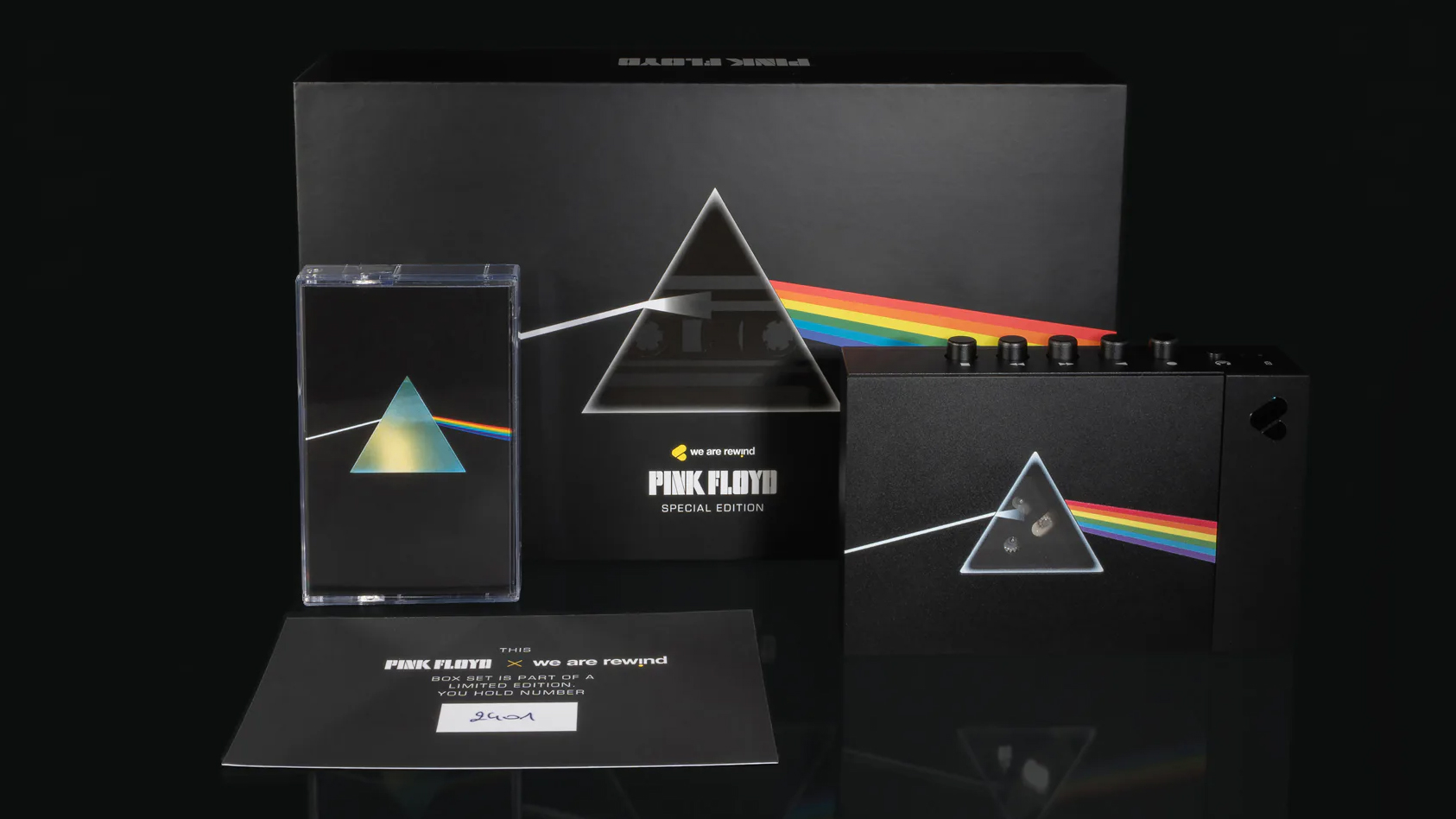 Pink Floyd x We Are Rewind cassette player and packaging showing the box comes with player, album cassette and certificate