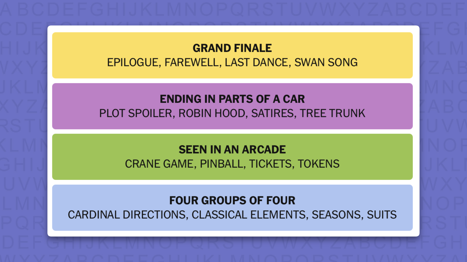 NYT Connections answers for game 1132 on a purple background