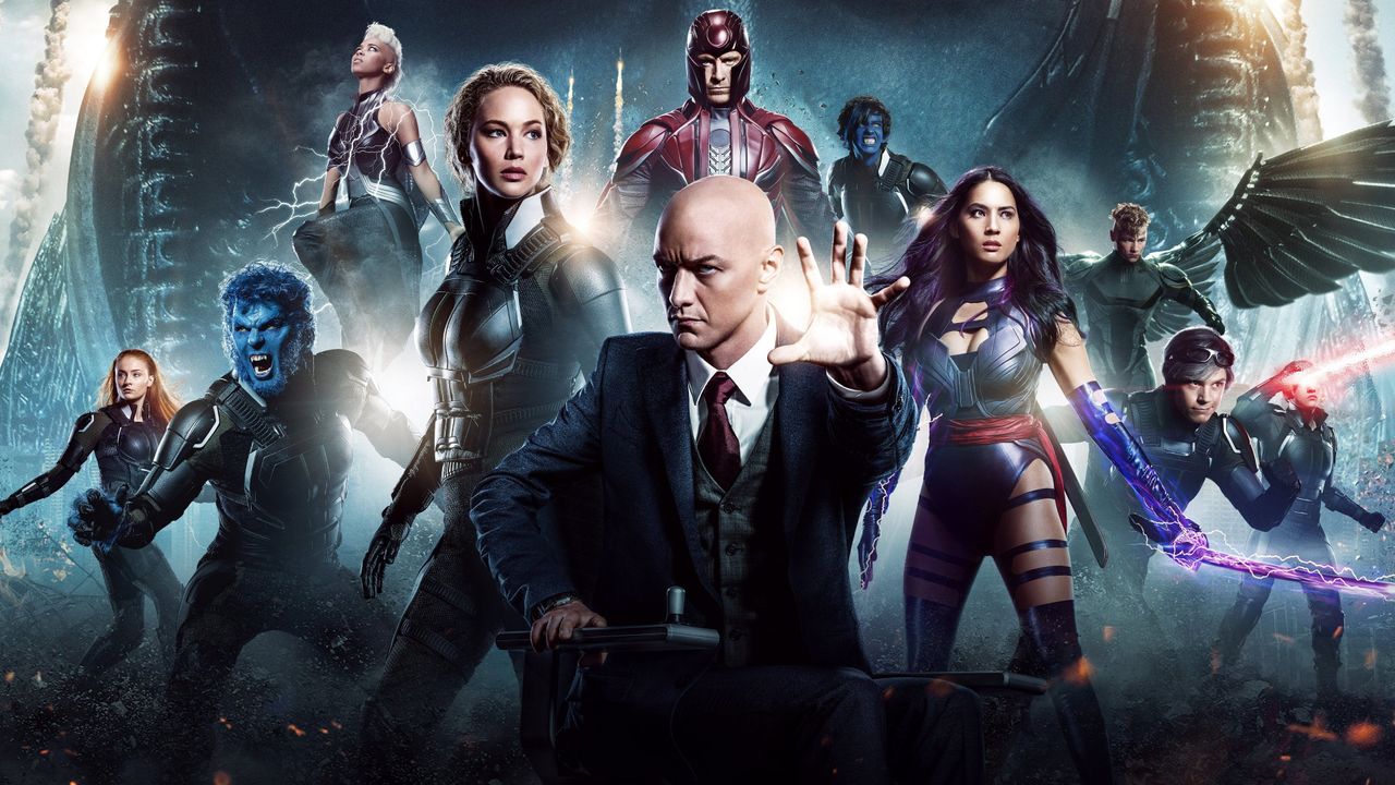 A promotional photo of the main cast of X-Men: Apocalypse, including Professor X and Magneto