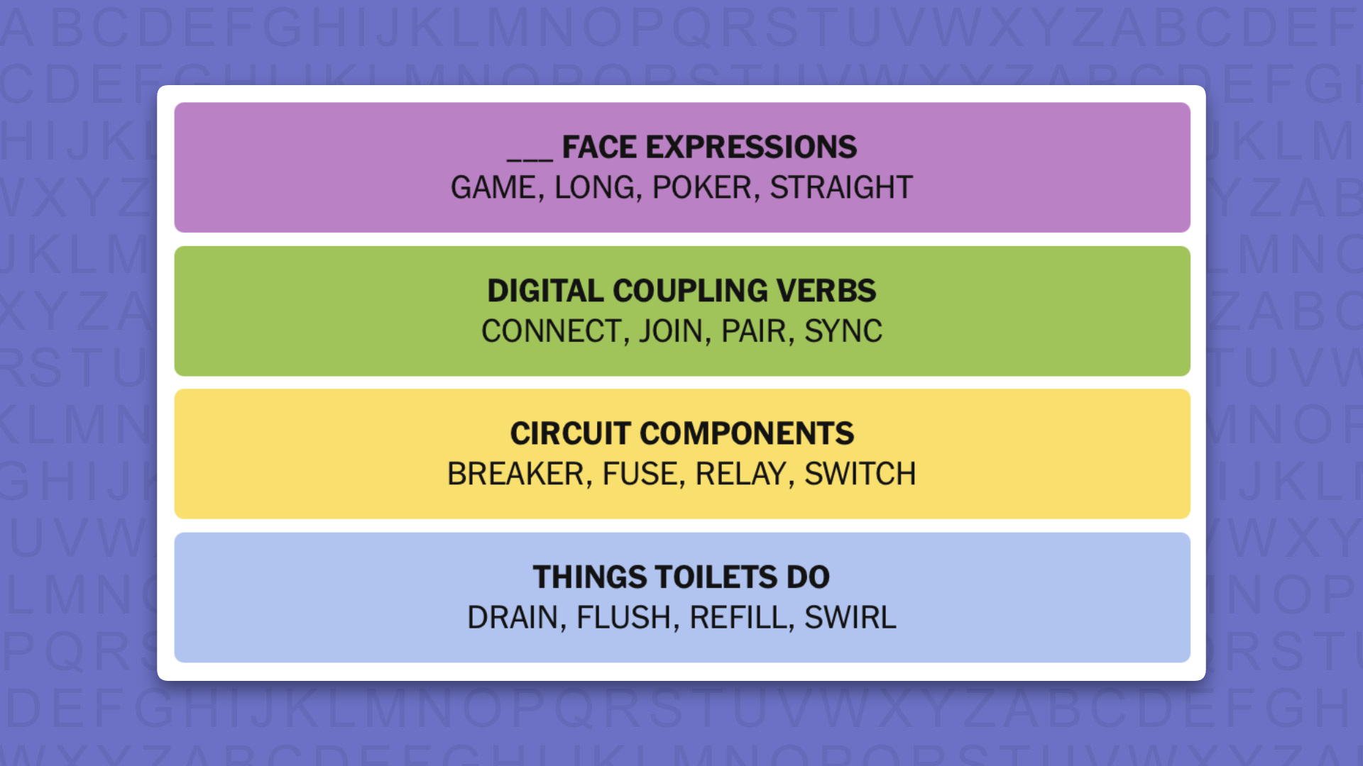 NYT Connections answers for game 1134 on a purple background