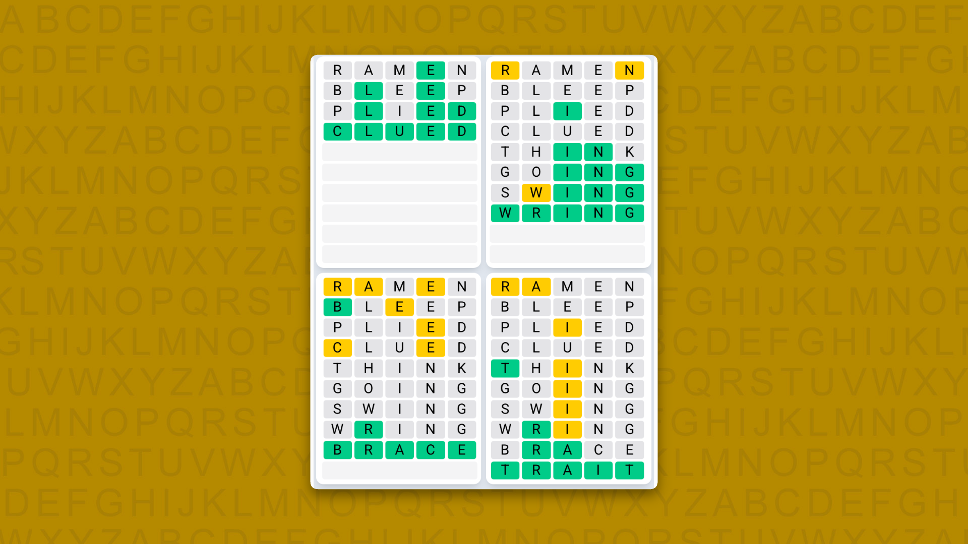 Quordle Daily Sequence answers for game 1637 on a yellow background