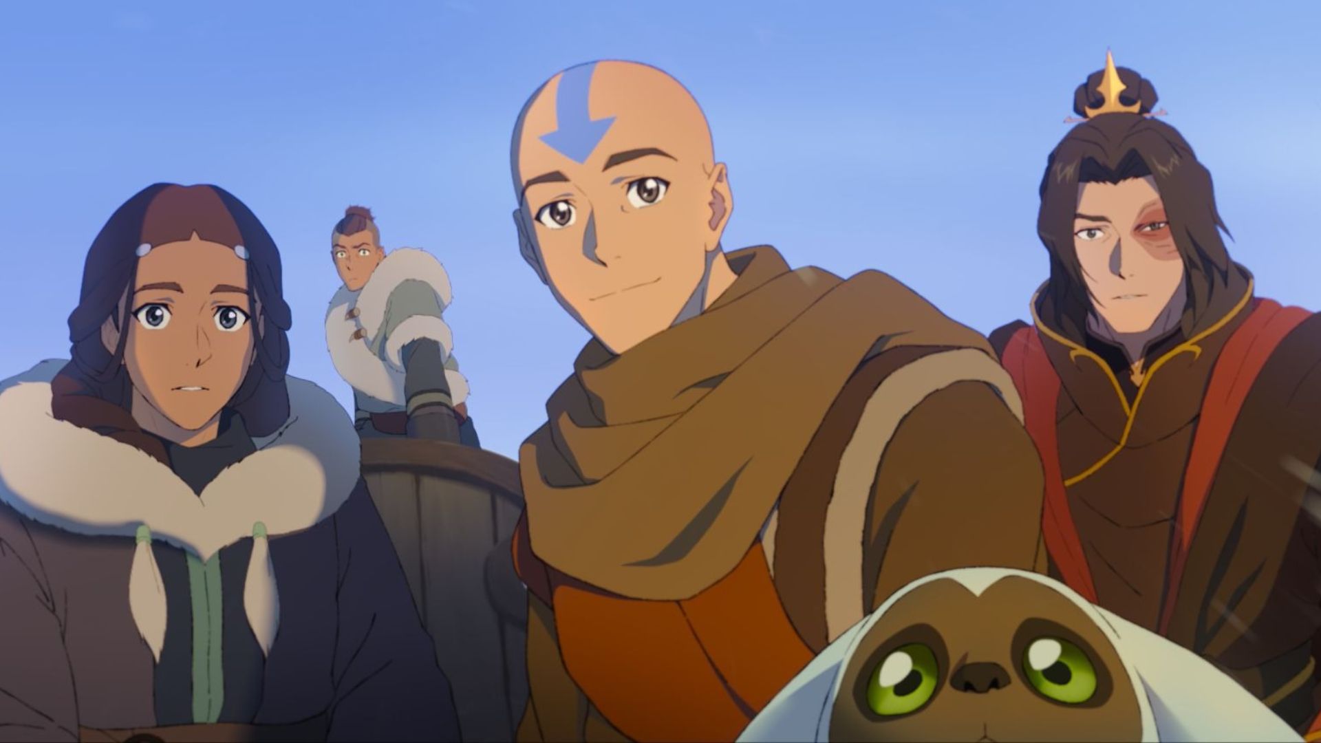 Aang, Katara, Sokka, and Zuko look at something off screen