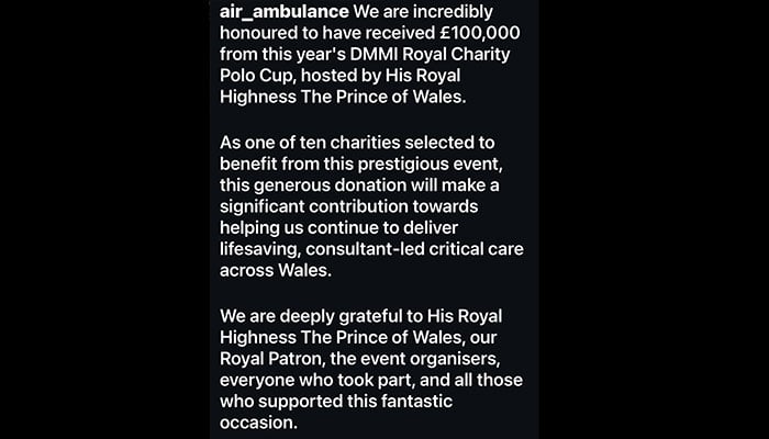 Wales Air Ambulance thanks Prince William for 'lifesaving support'
