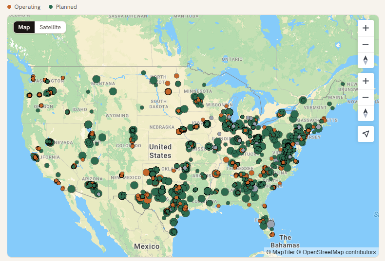 A map showing planned and completed data center projects in the United States