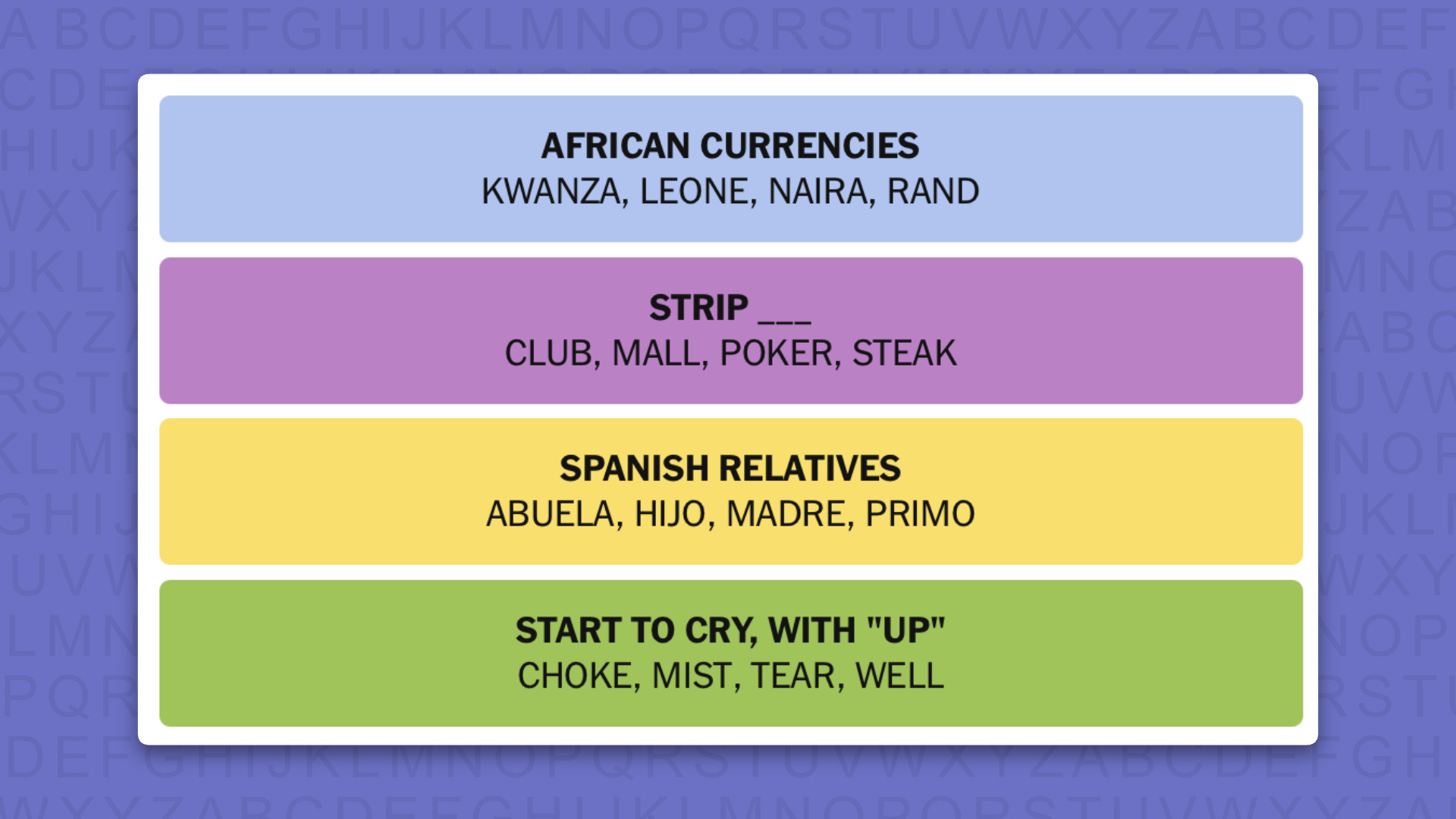NYT Connections answers for game 1140 on a purple background