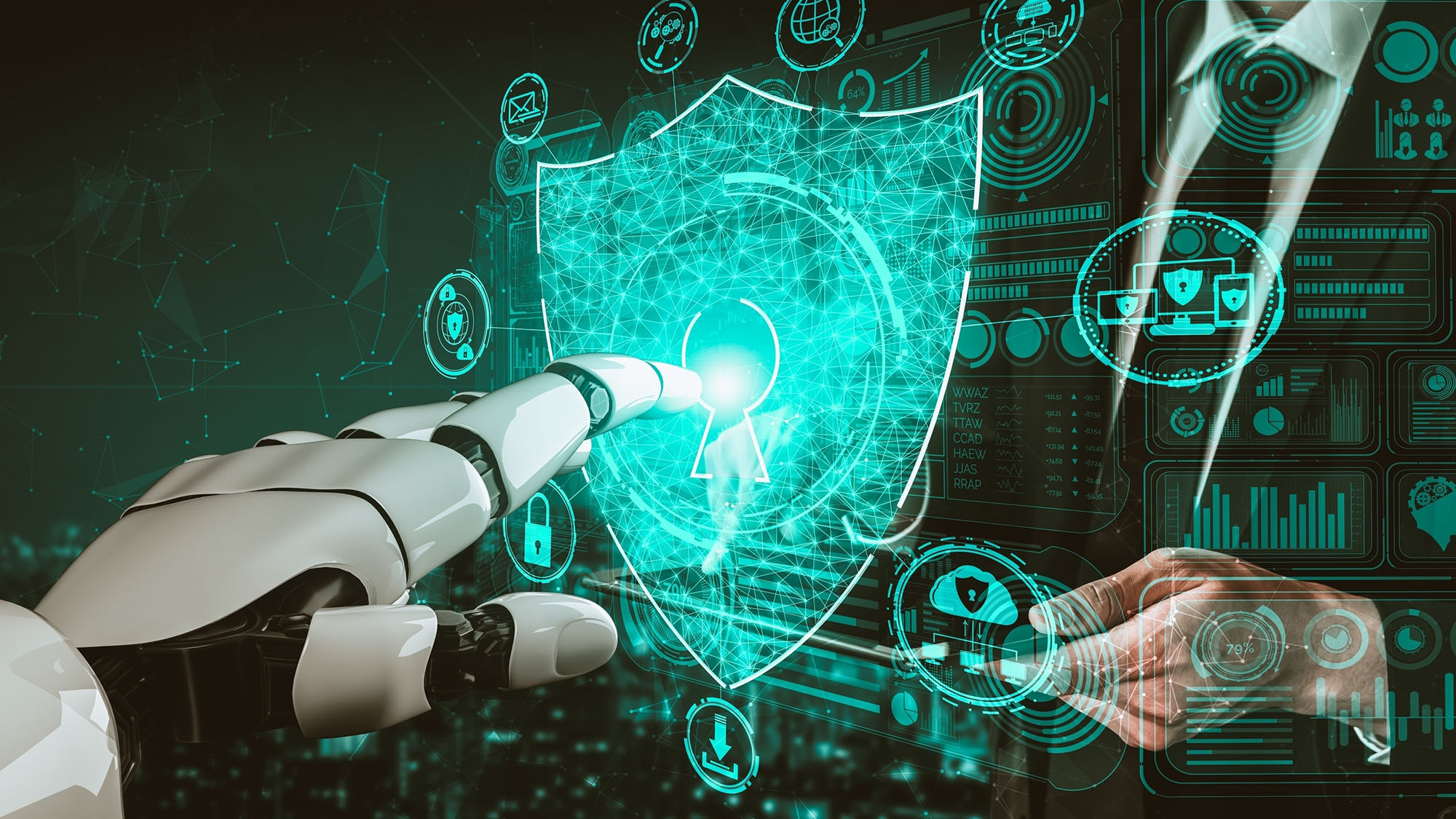 A robotic hand touching a locked digital shield blocks a human from accessing data