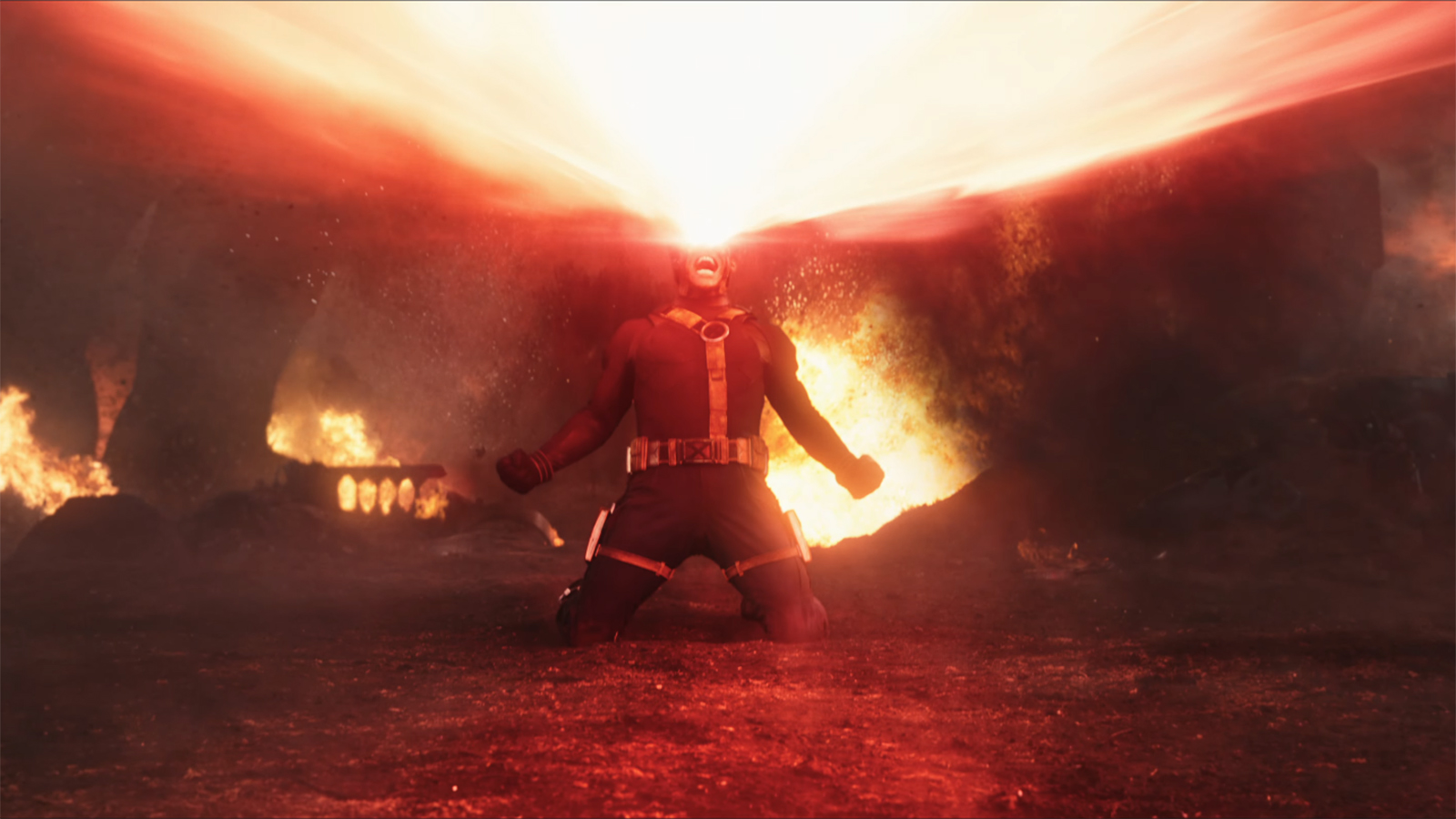 Cyclops screams as he unleashes a powerful optical blast while kneeling in Avengers: Doomsday