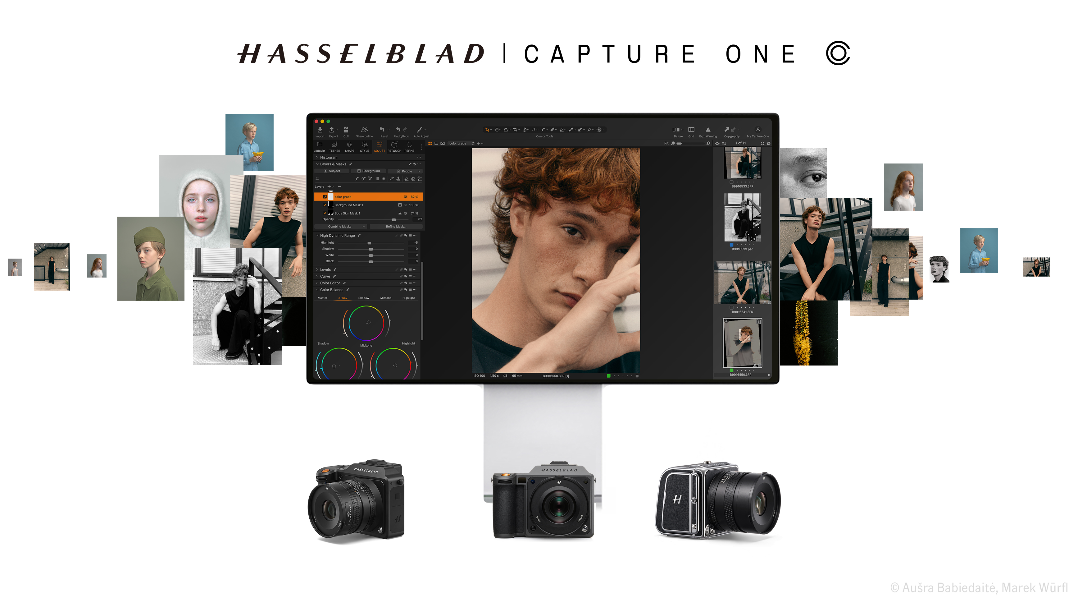 Three Hasselblad cameras together with graphic overlay of the Capture One software and thumbnails on a white background