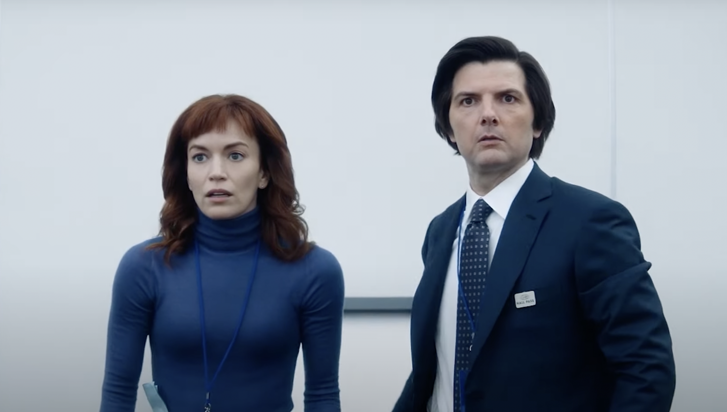 Helly R and Mark S look shocked in Severance Season 2