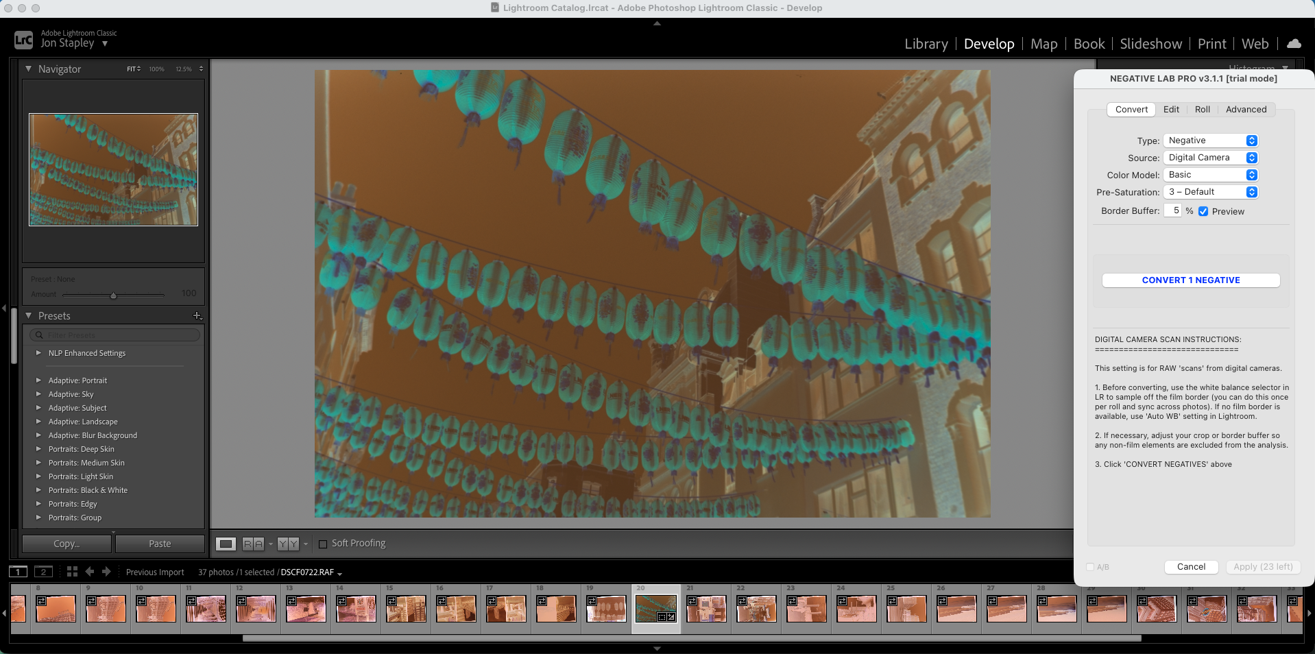 Screenshot of Negative Lab Pro used to process a digitized film negative in Adobe Lightroom
