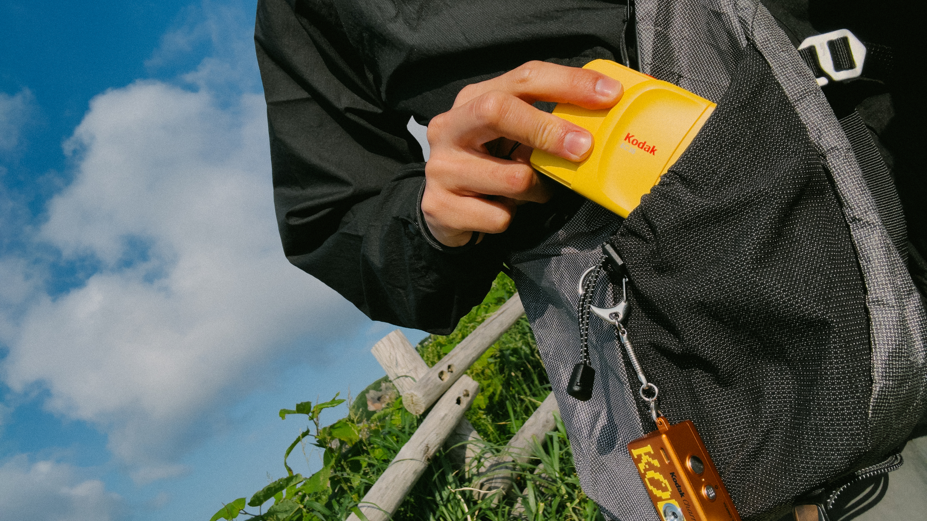 Photograph of the Kodak EC35 film camera being carried in a backpack outdoors