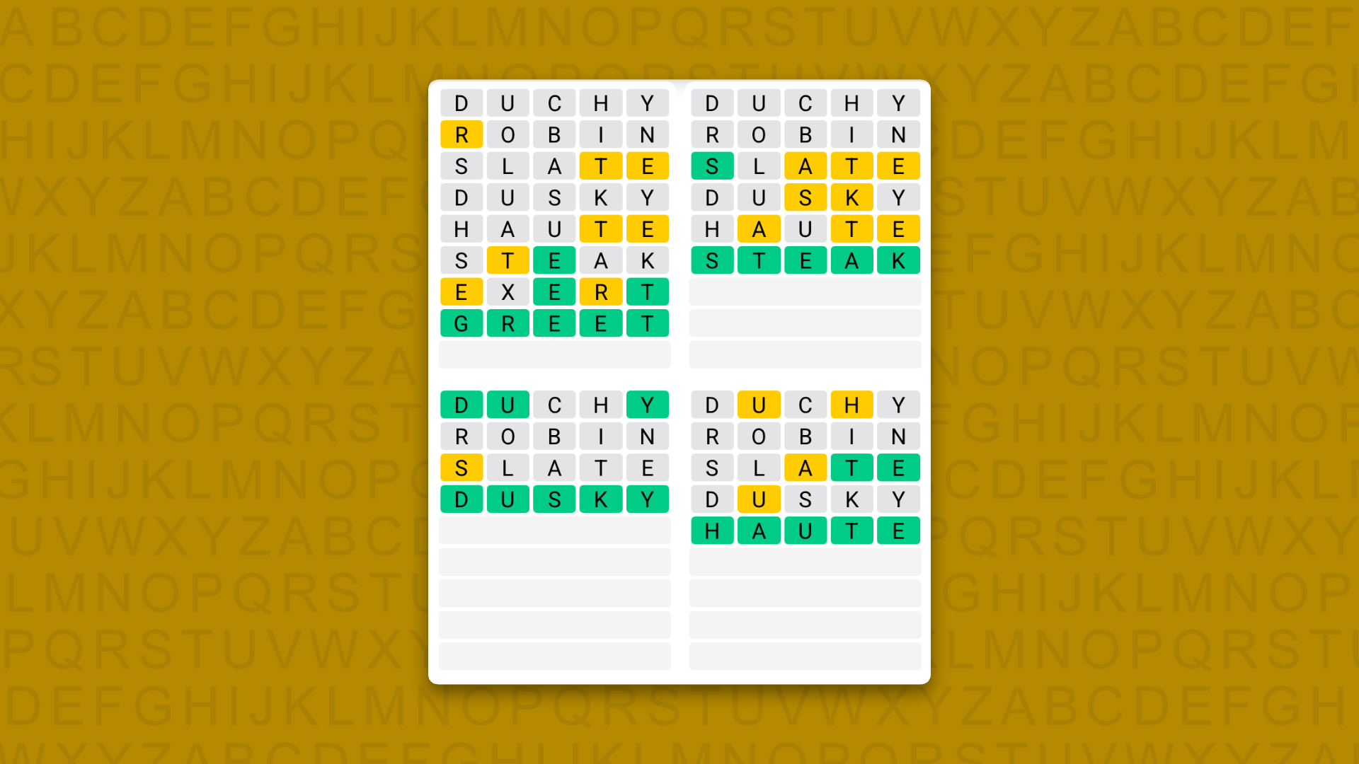 Quordle answers for game 1628 on yellow background