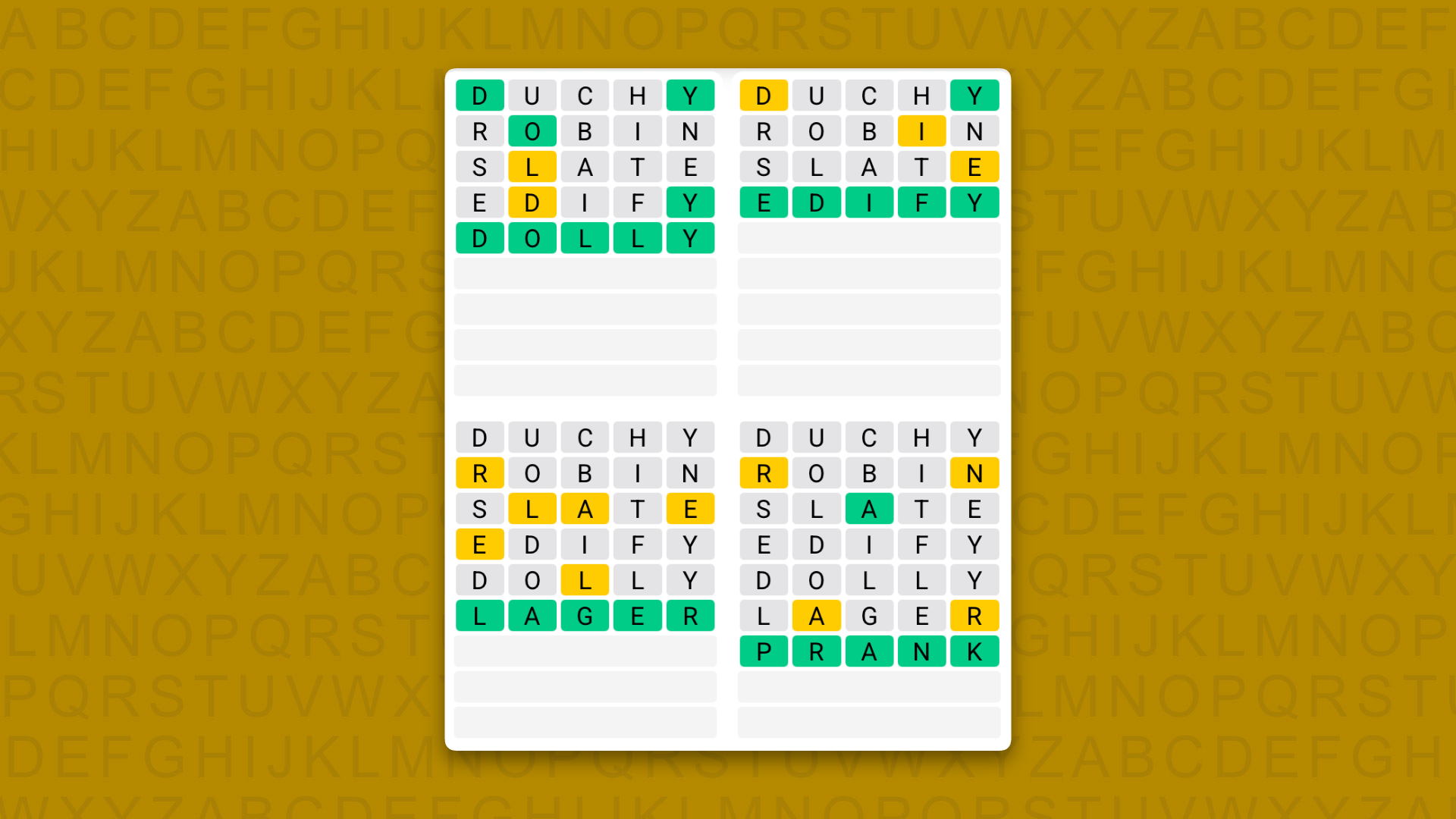 Quordle answers for game 1642 on yellow background