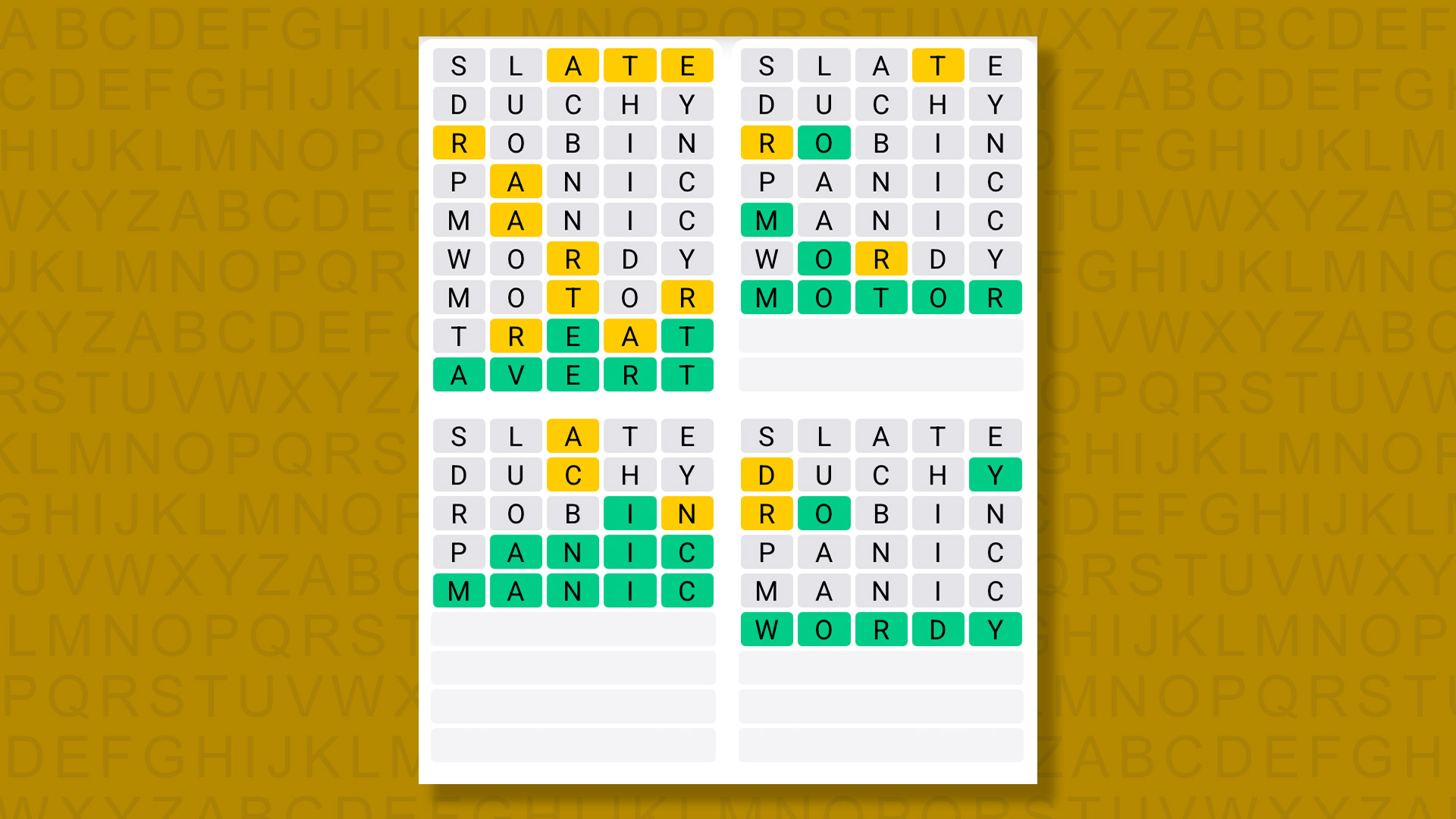 Quordle answers for game 1621 on yellow background