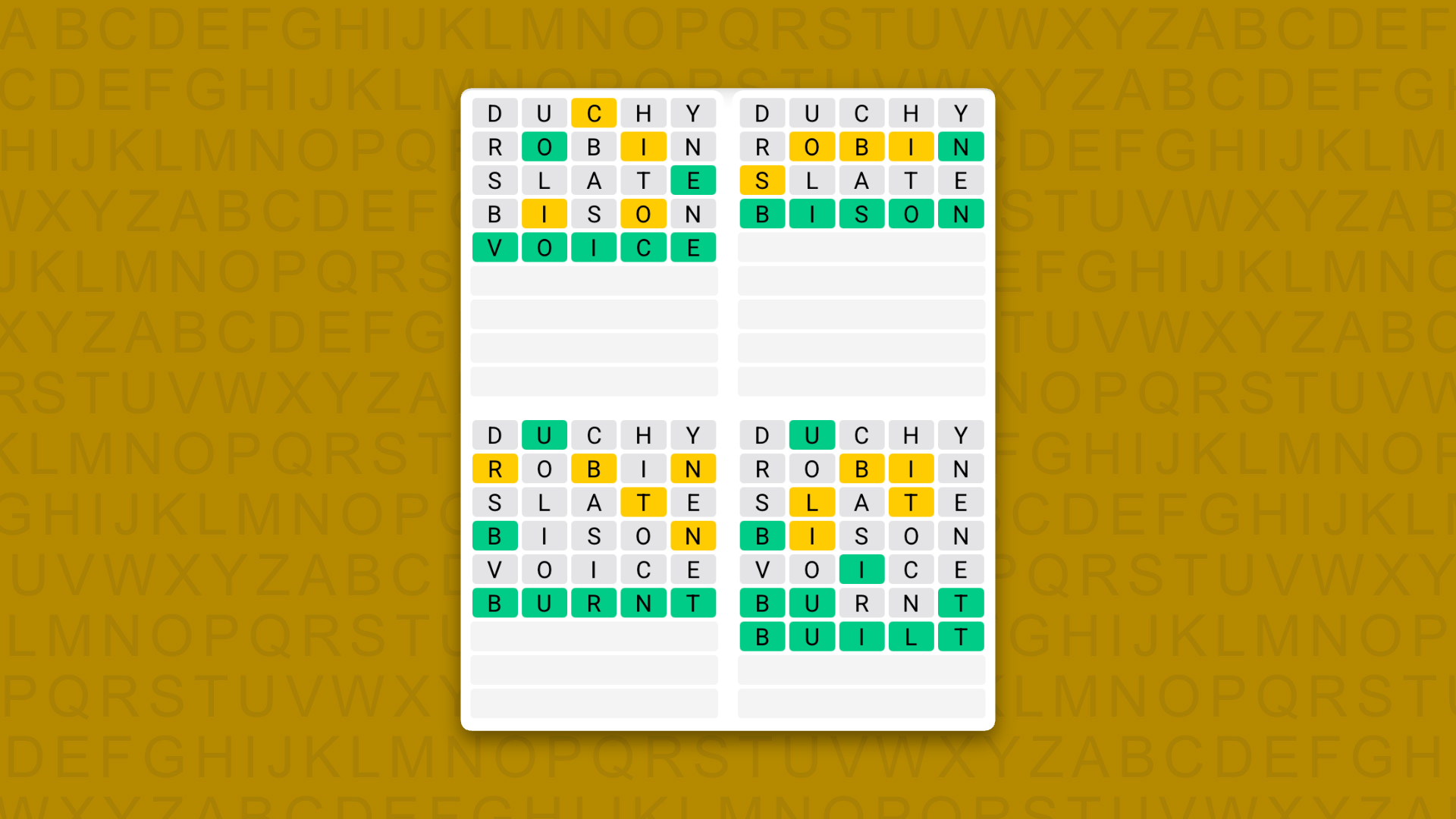 Quordle answers for game 1631 on yellow background
