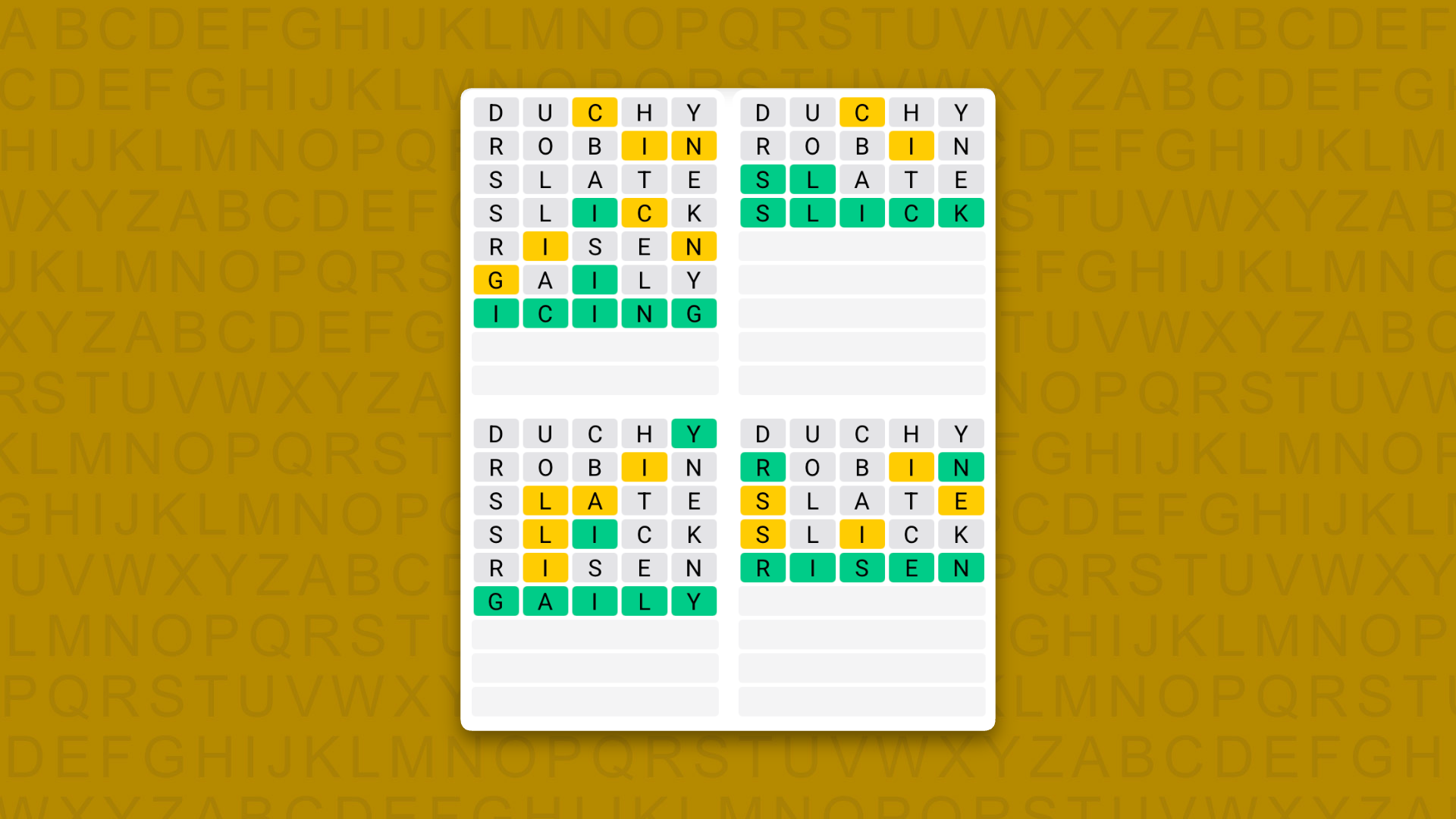 Quordle answers for game 1638 on yellow background
