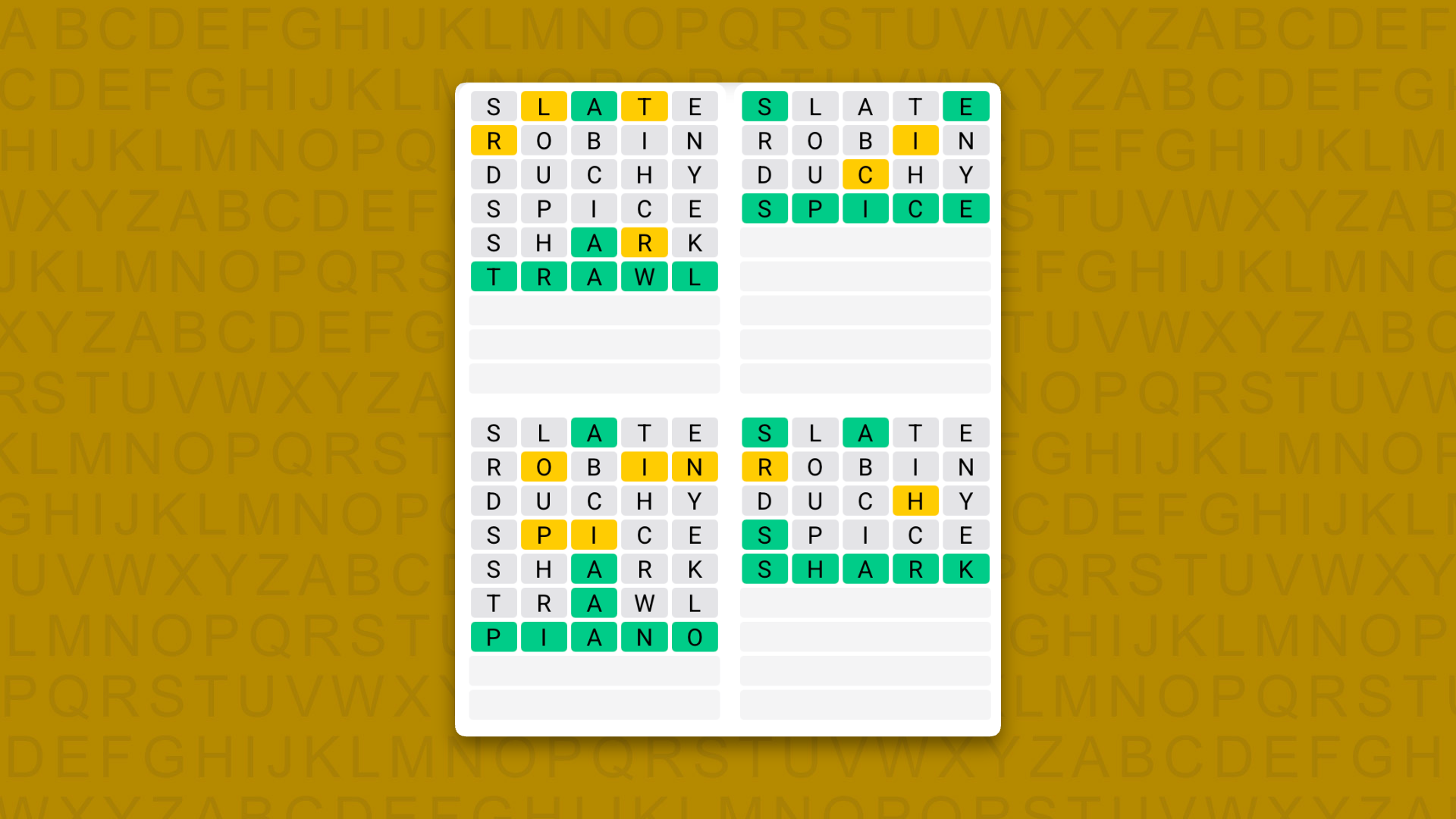 Quordle answers for game 1624 on yellow background