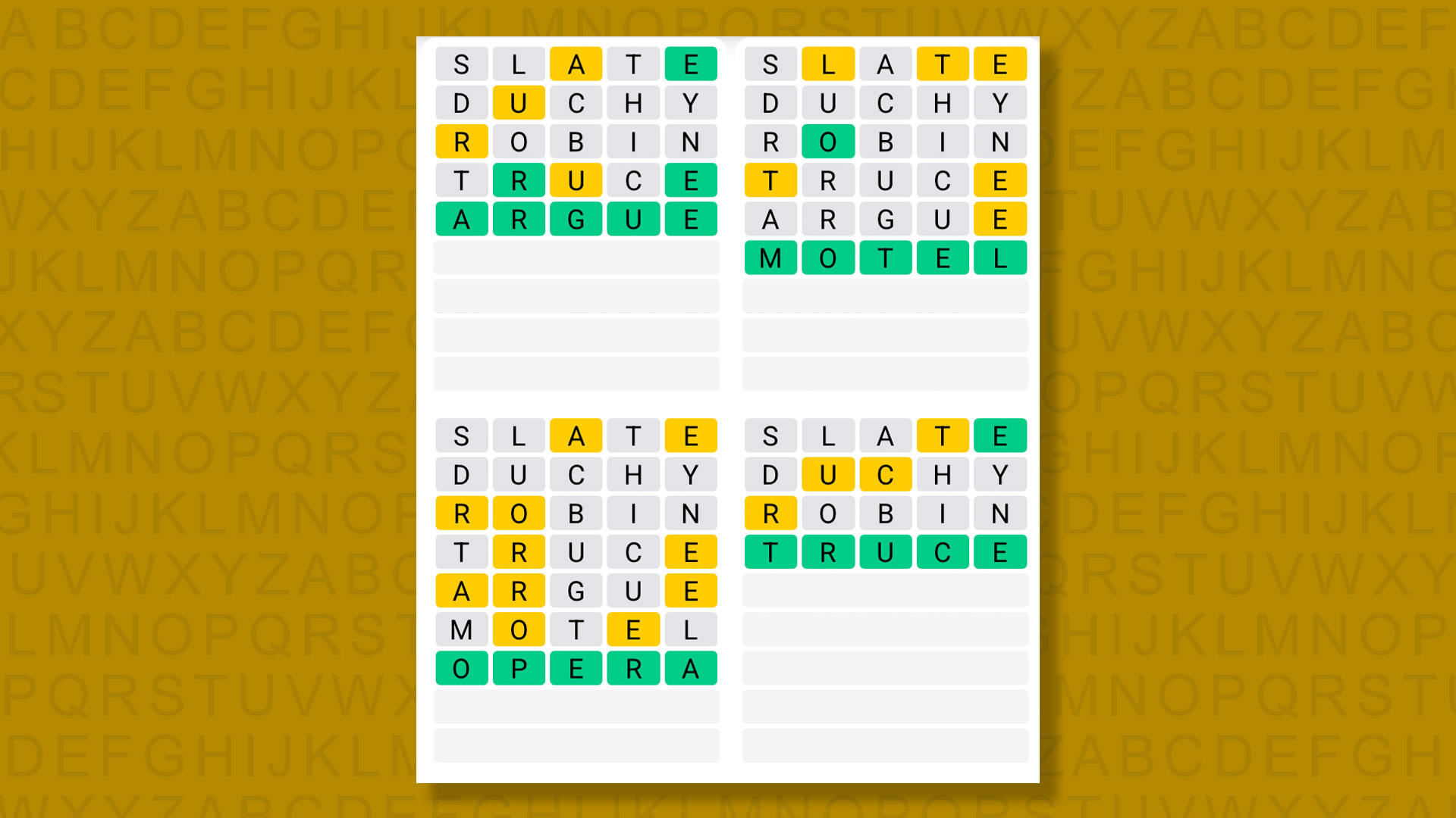 Quordle answers for game 1622 on yellow background