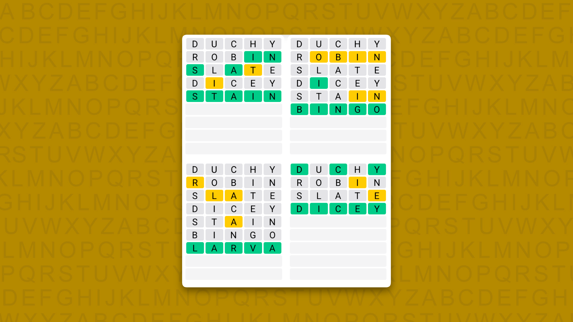 Quordle answers for game 1630 on yellow background