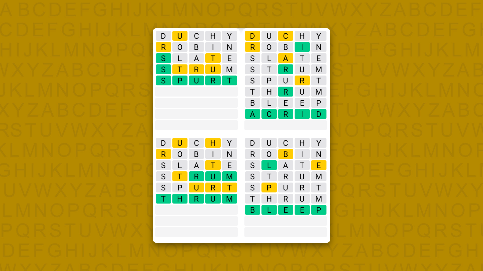 Quordle answers for game 1637 on yellow background
