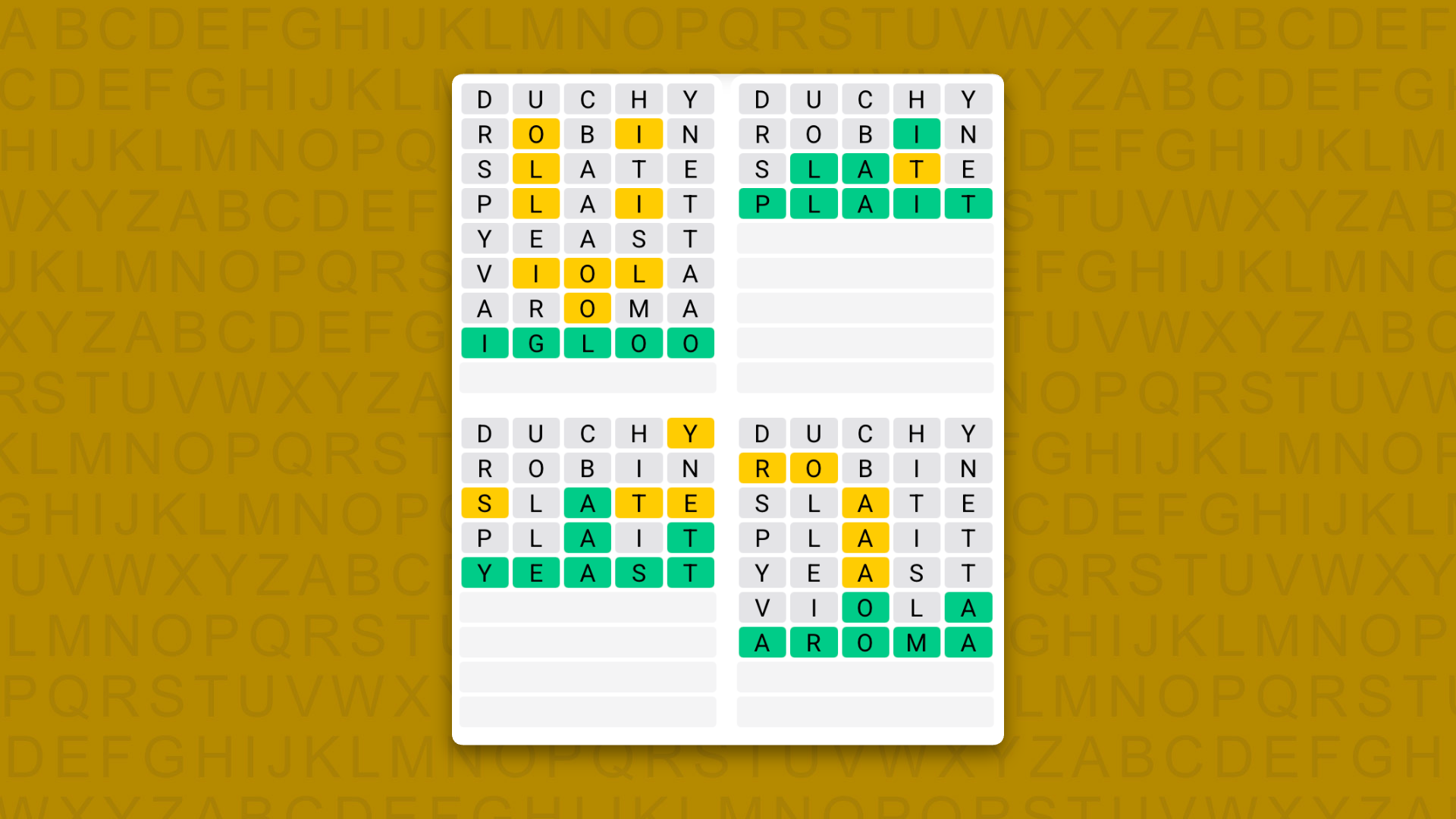 Quordle answers for game 1634 on yellow background