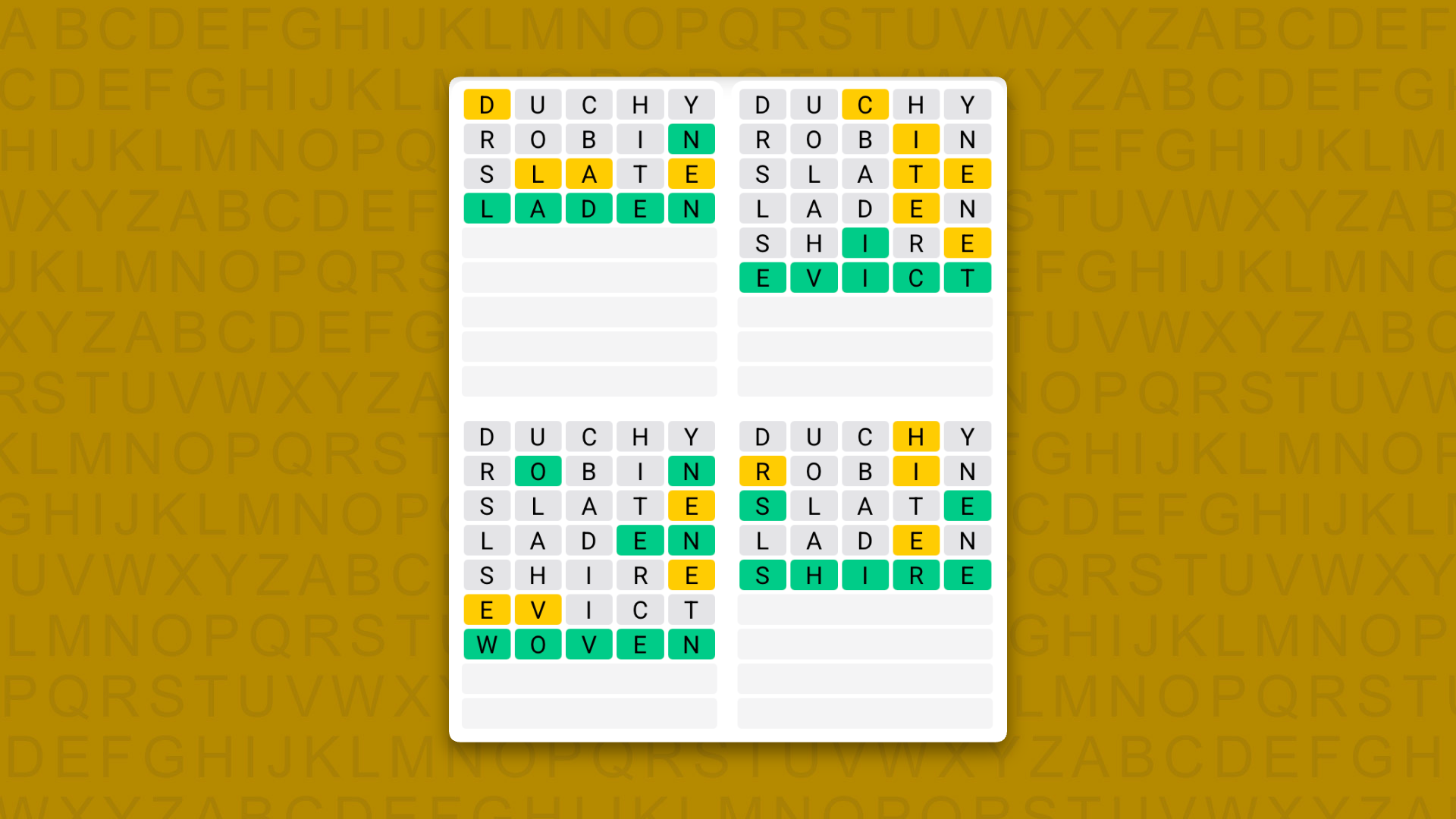Quordle answers for game 1641 on yellow background