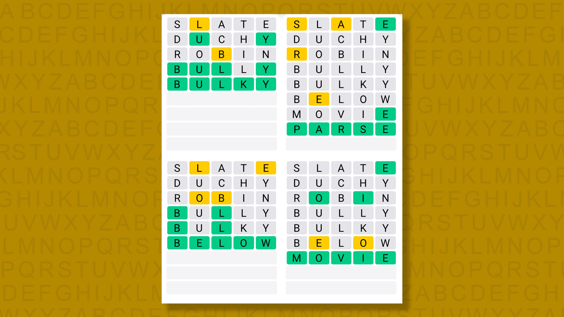 Quordle answer to game #1620 on yellow background