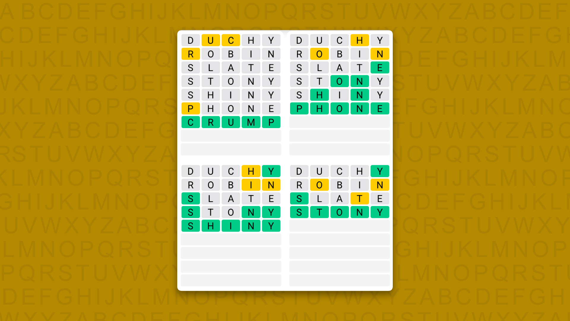 Quordle answers to game 1627 on a yellow background