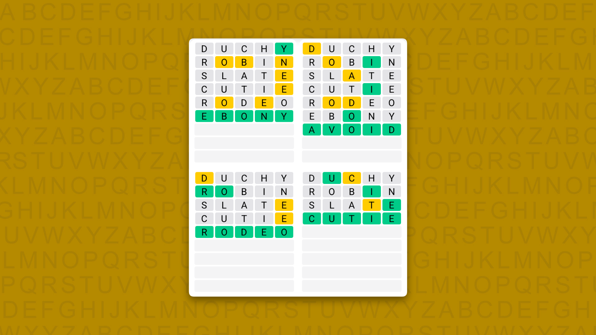 Quordle answers for game 1632 on yellow background