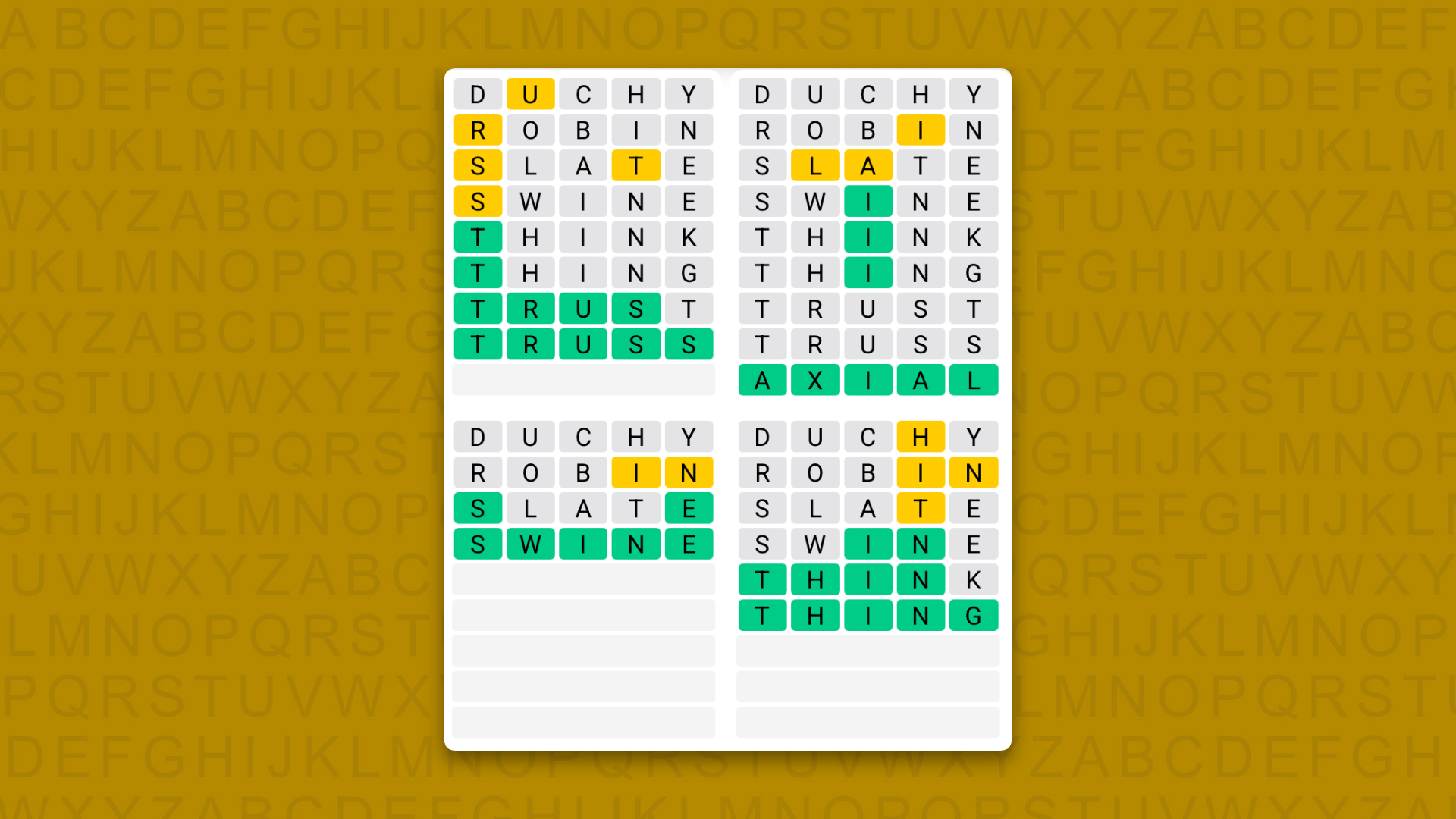 Quordle answers for game 1639 on yellow background