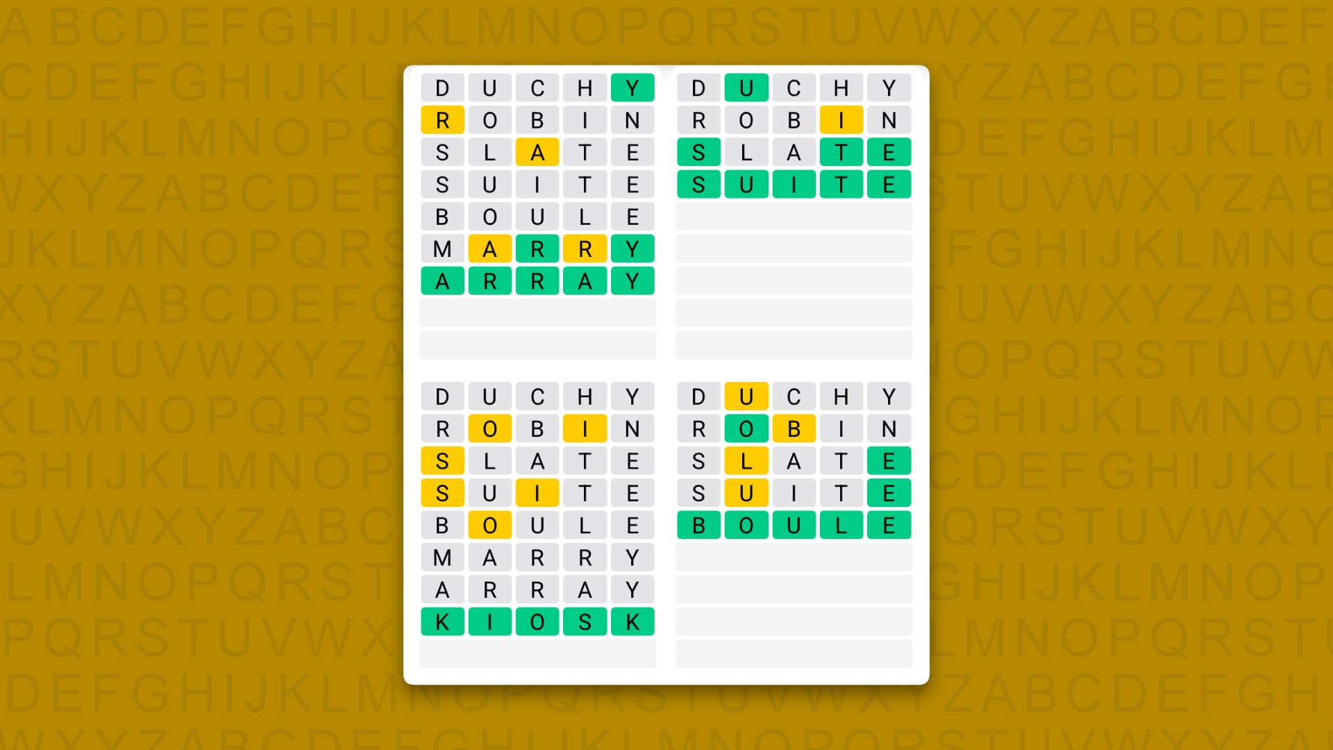Quordle answers for game 1625 on yellow background