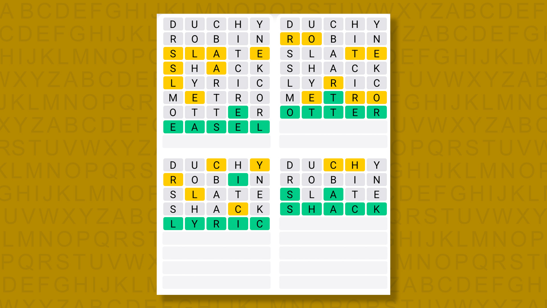Quordle answer to game #1619 on yellow background