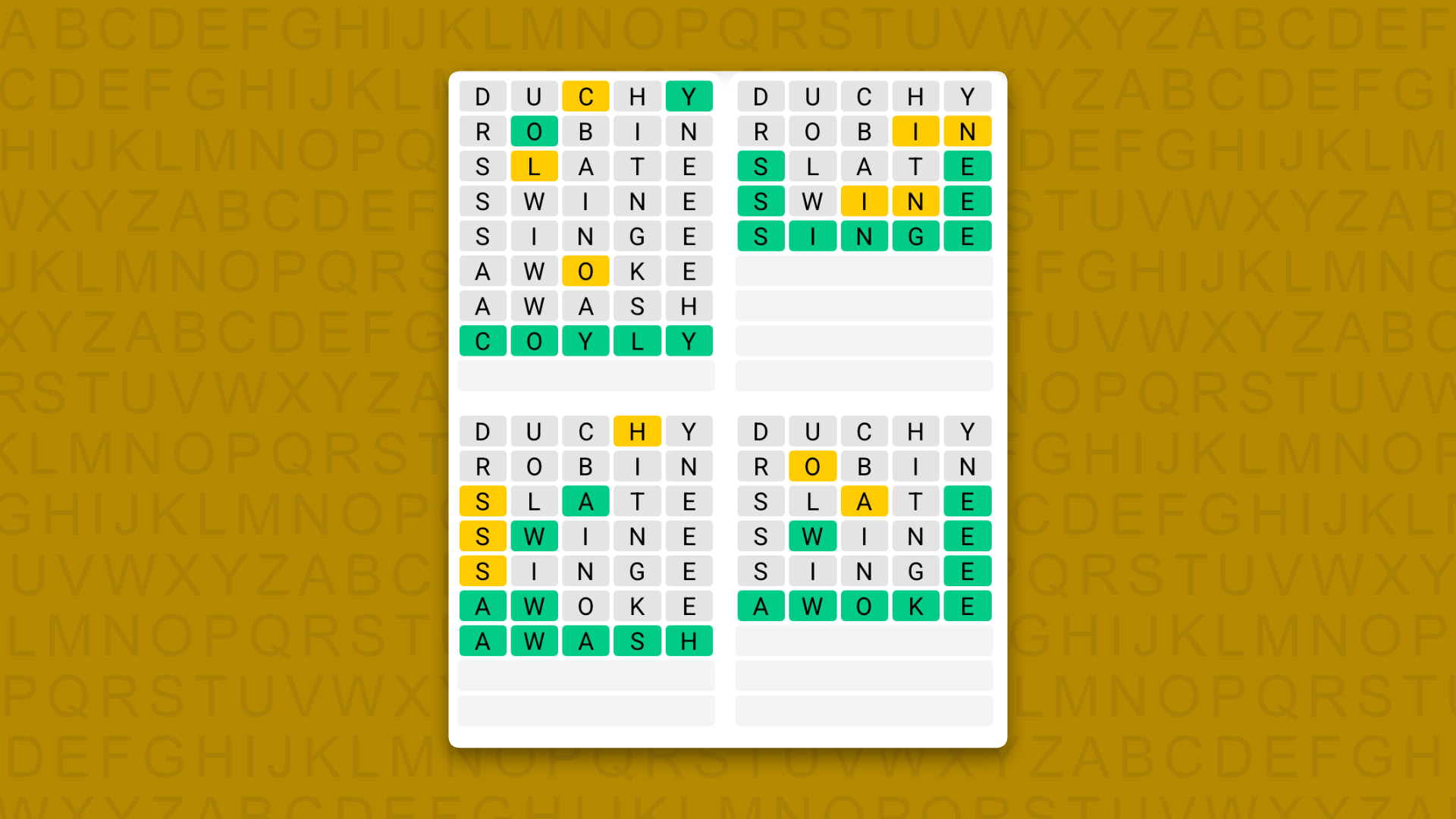Quordle answers for game 1640 on yellow background