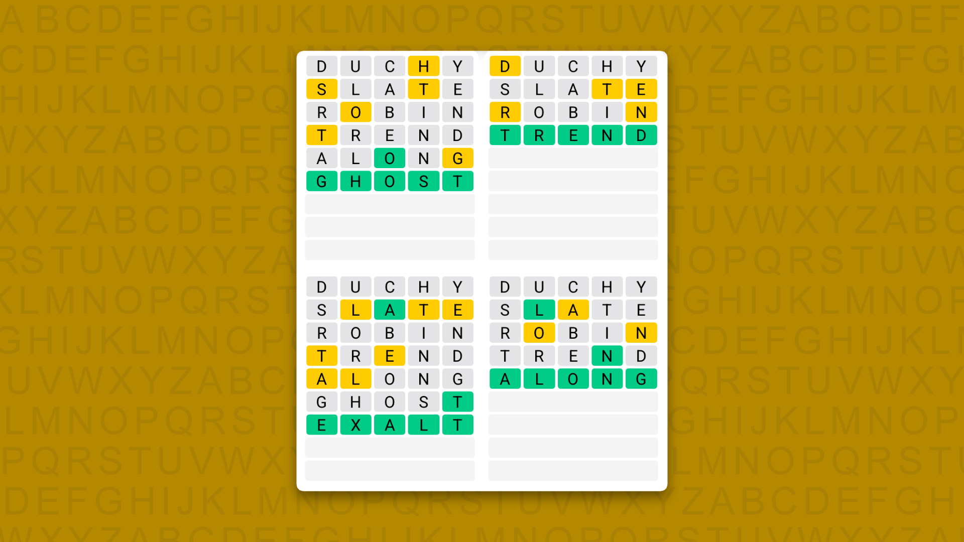 Quordle answers for game 1626 on yellow background
