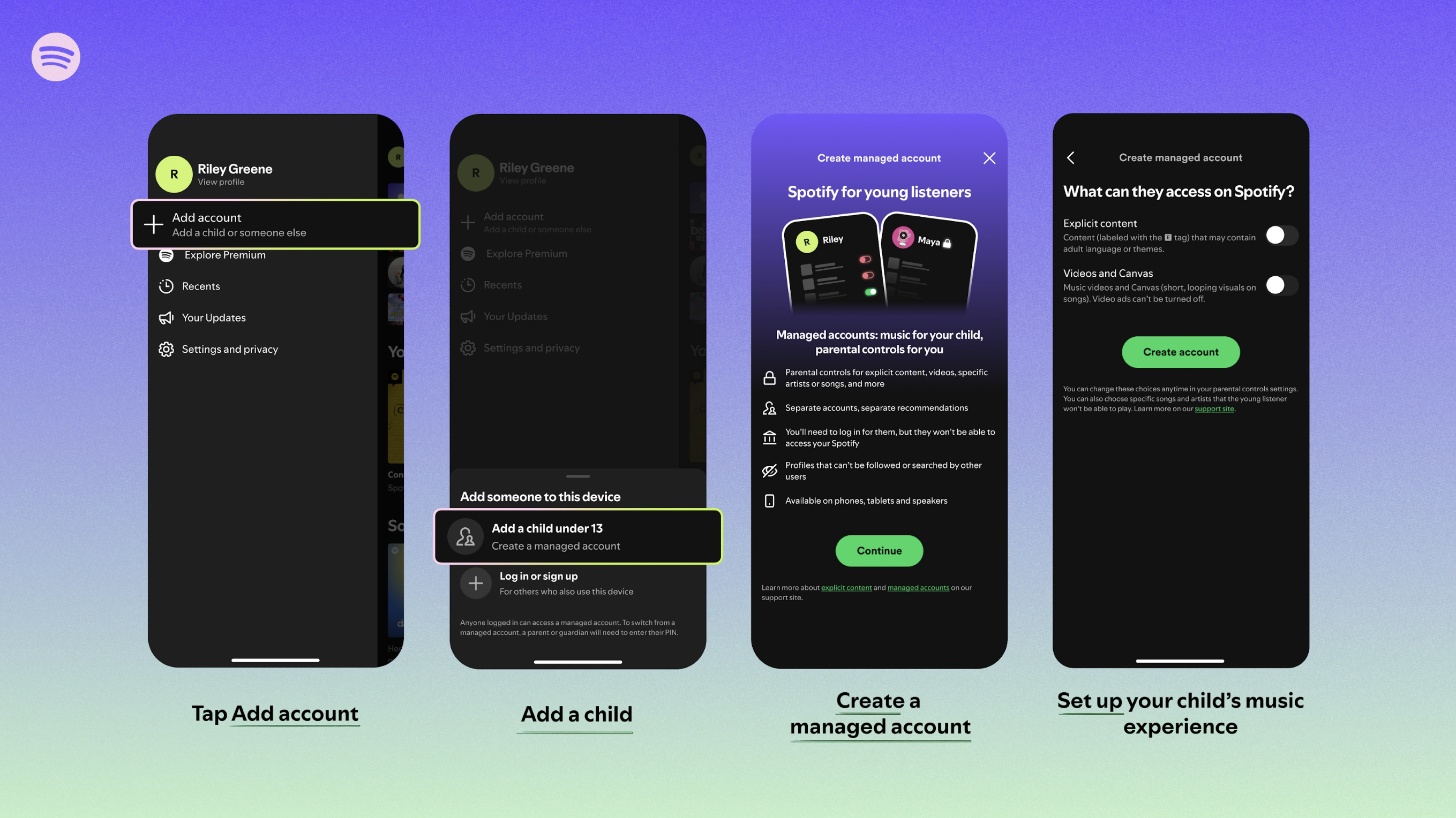 Spotify managed accounts screenshots on blue background