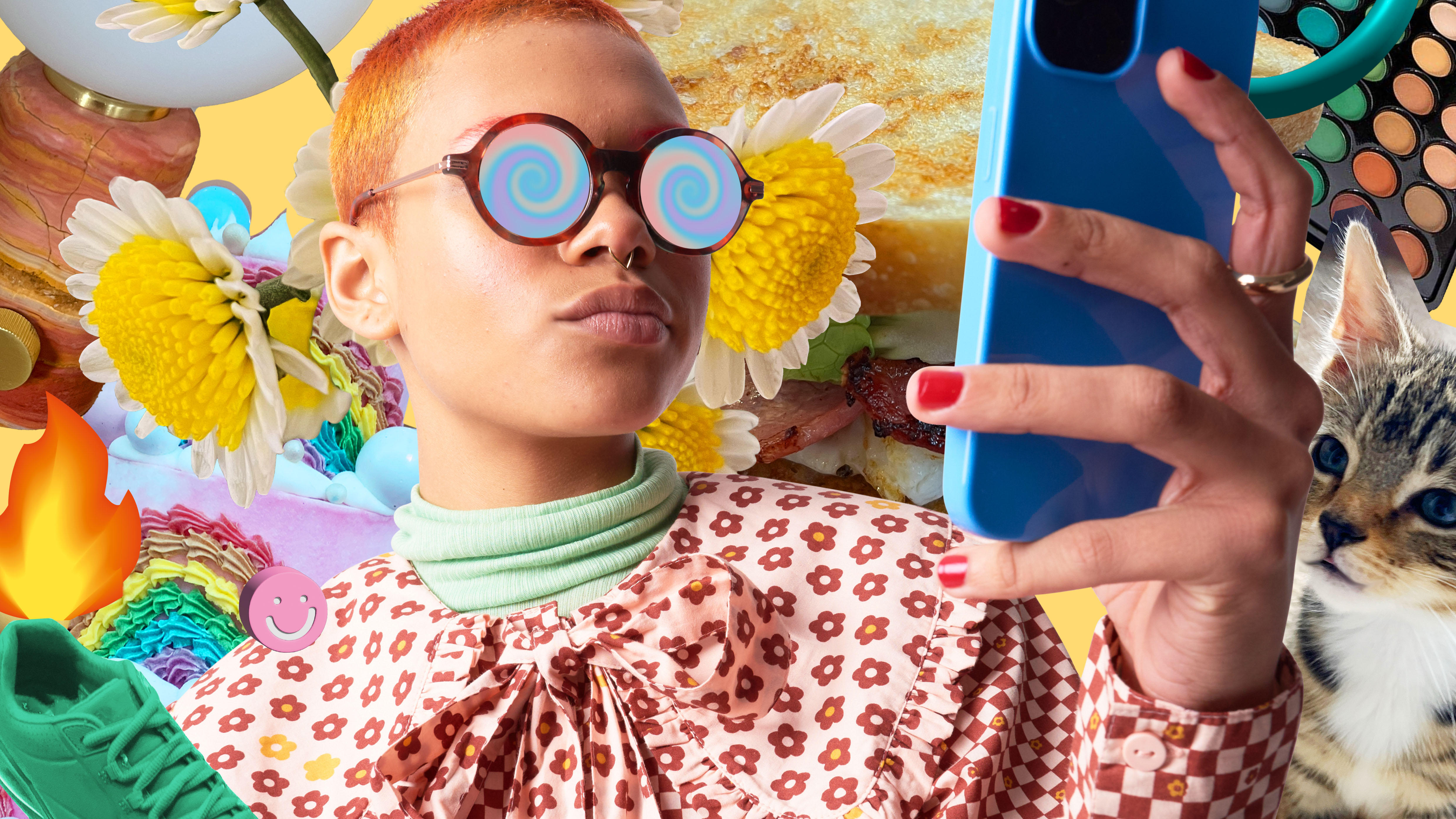 Person using mobile phone trapped in a scroll hole surrounded by collage of social media obsessions.