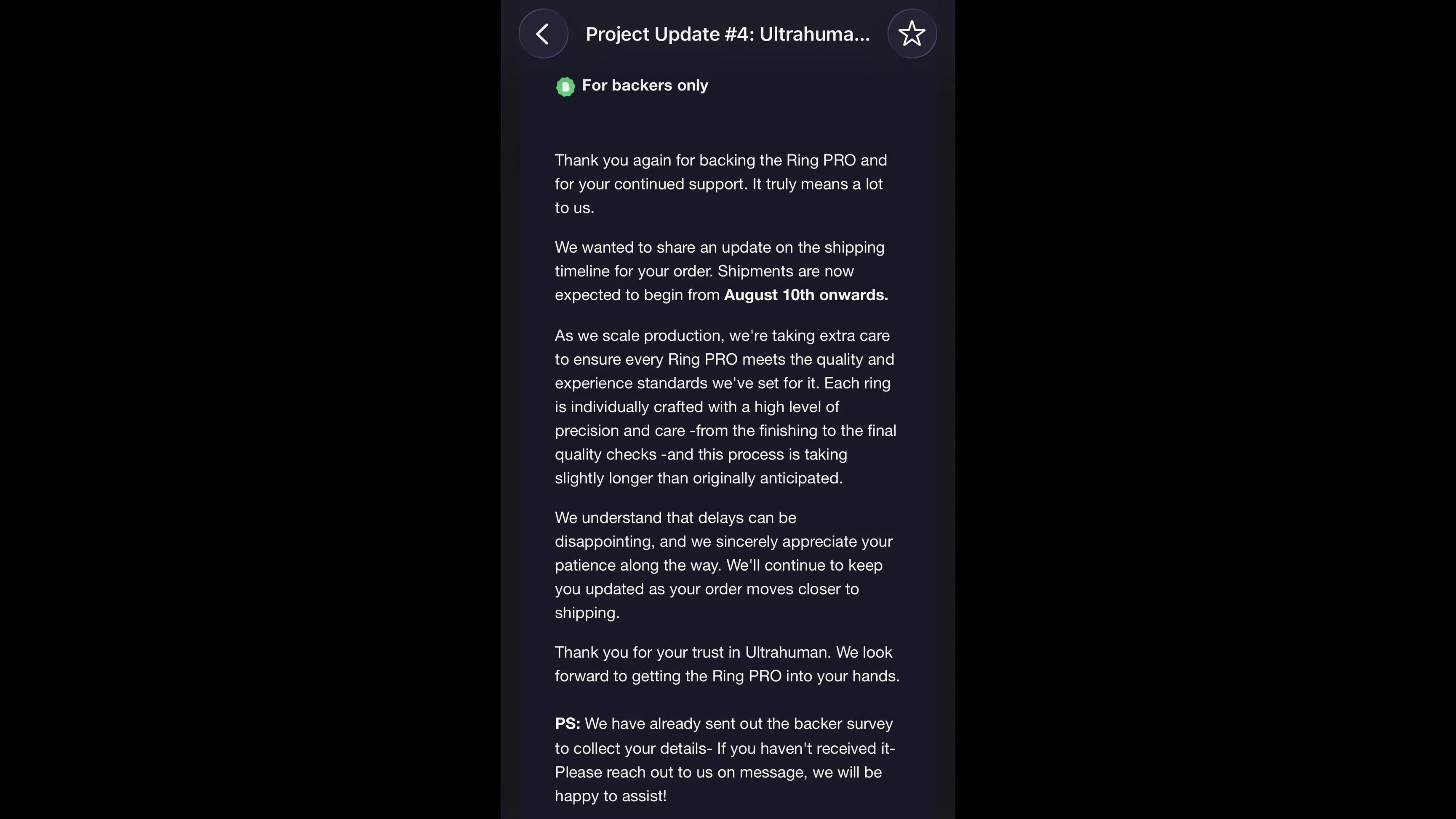 Ultrahuman Ring Pro Kickstarter backers got this message
